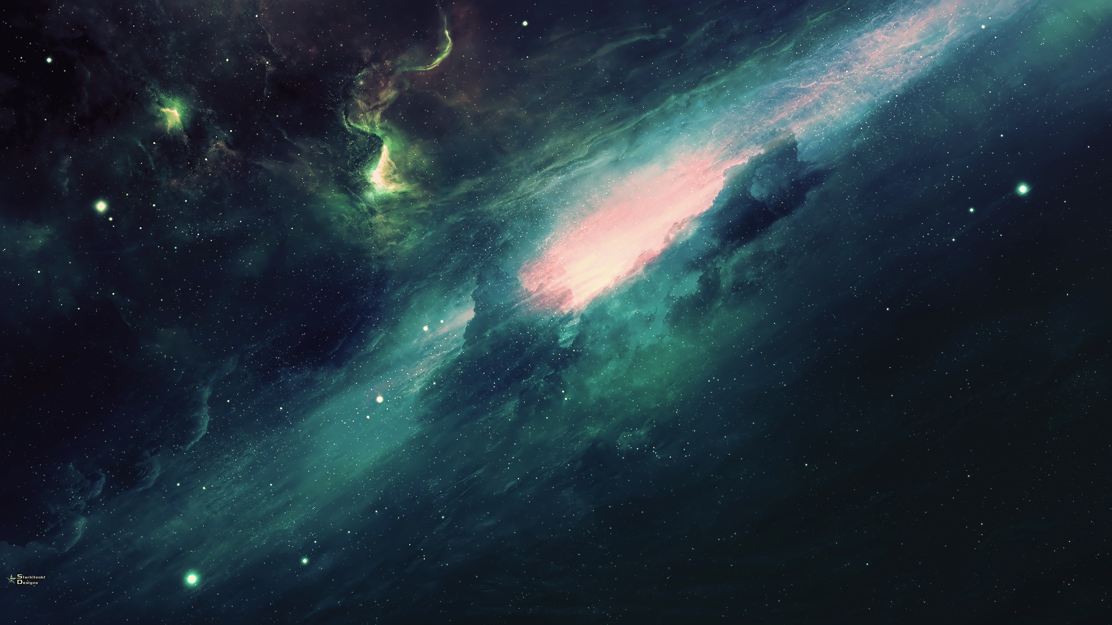 Green Nebula: The formation of gas and space dust of vast sizes, The star system. 3840x2160 4K Wallpaper.