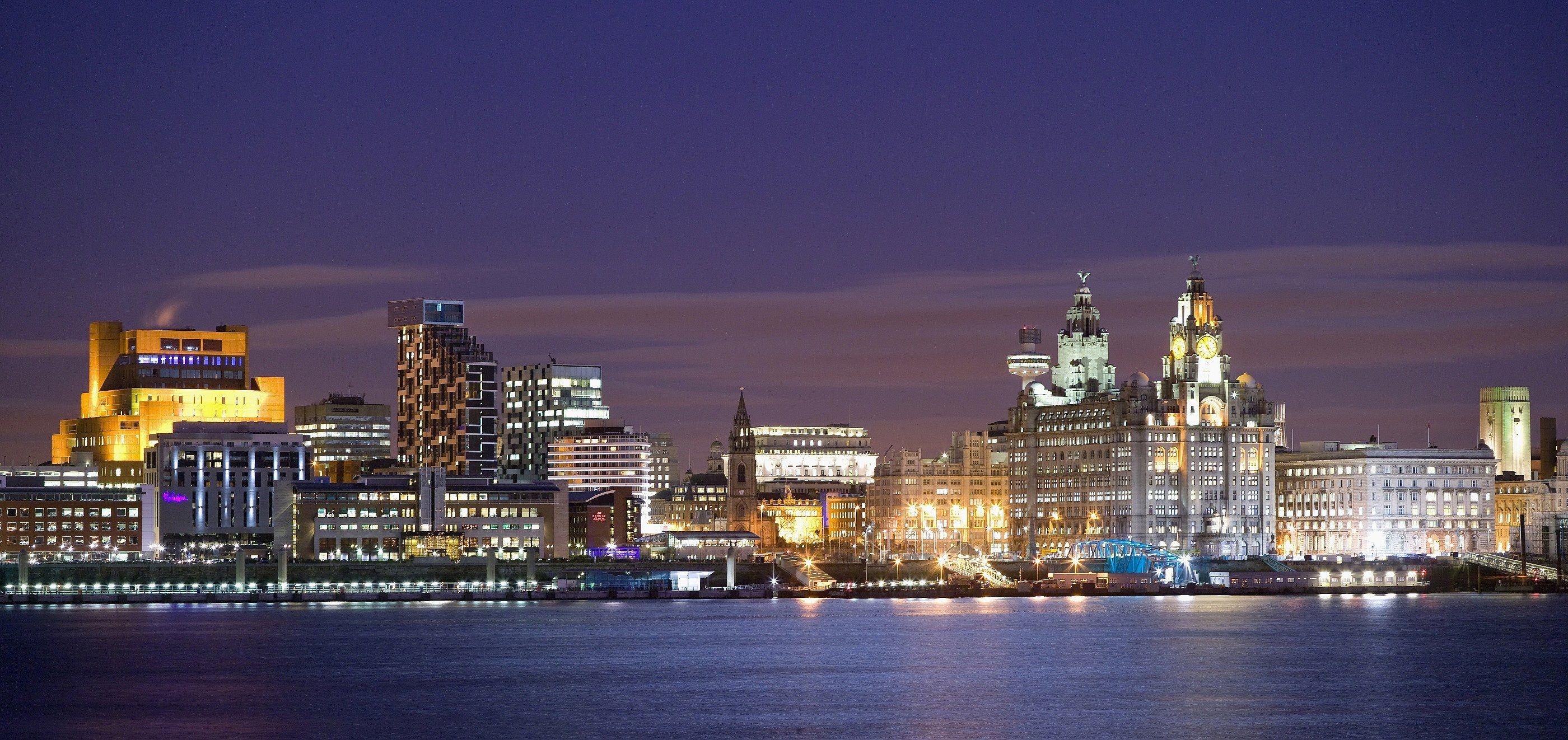 Liverpool Skyline, Travelling to England, Iconic landmarks, Liverpool today, 2800x1330 Dual Screen Desktop
