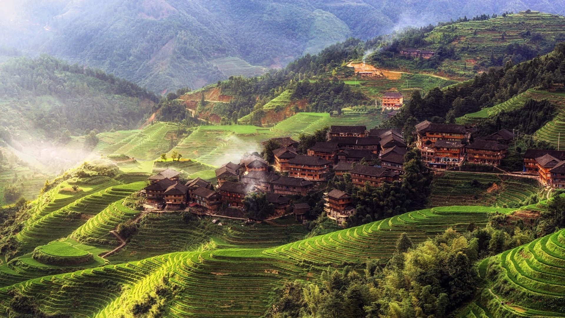 Asia's scenic beauty, Misty morning village, Terraced fields, Tranquil countryside, 1920x1080 Full HD Desktop