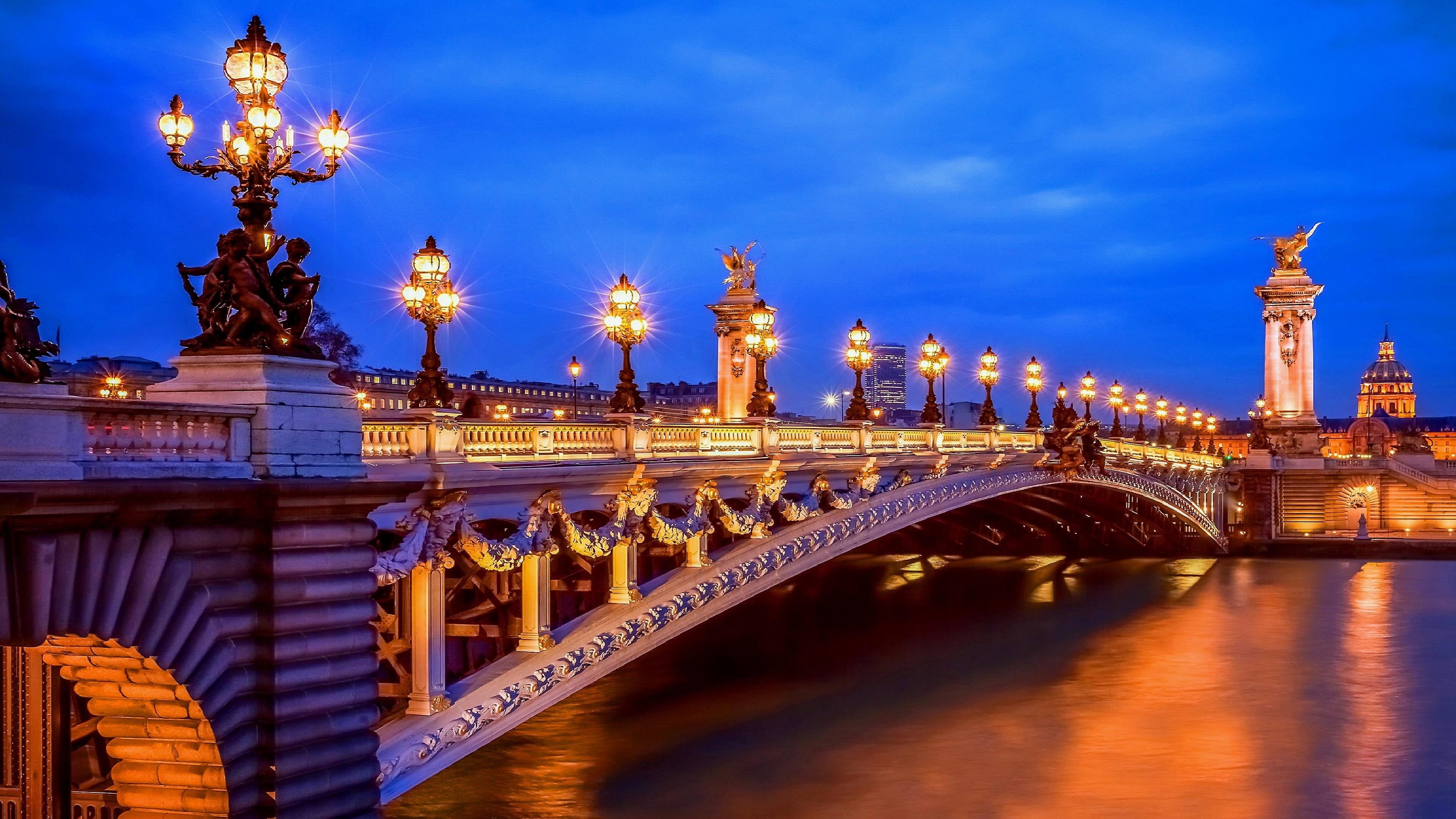 The Seine River, Parisian charm, Iconic bridge, Evening lights, 3840x2160 4K Desktop