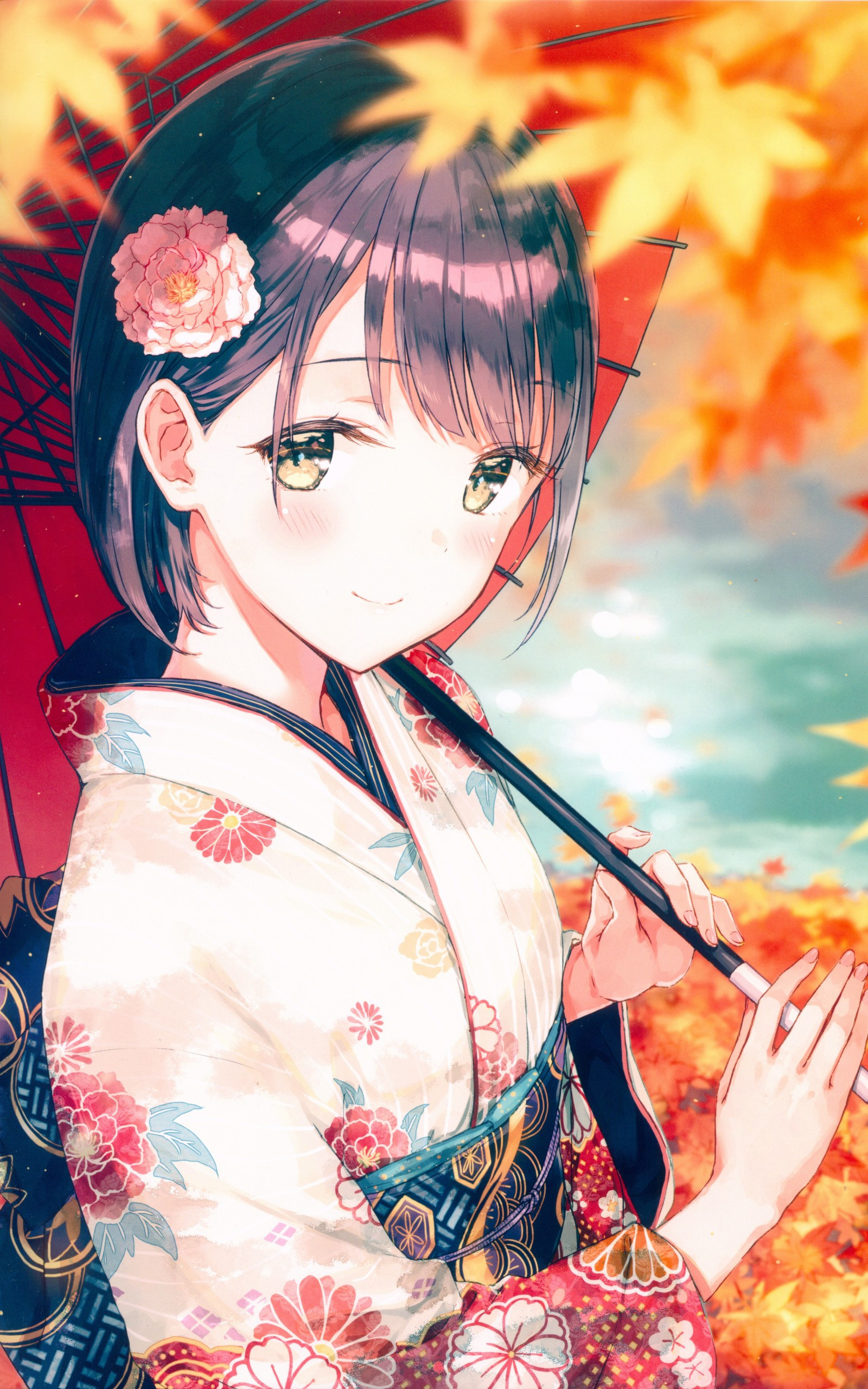 Anime girl, Kimono, Autumn leaves, Short hair, 1600x2560 HD Phone
