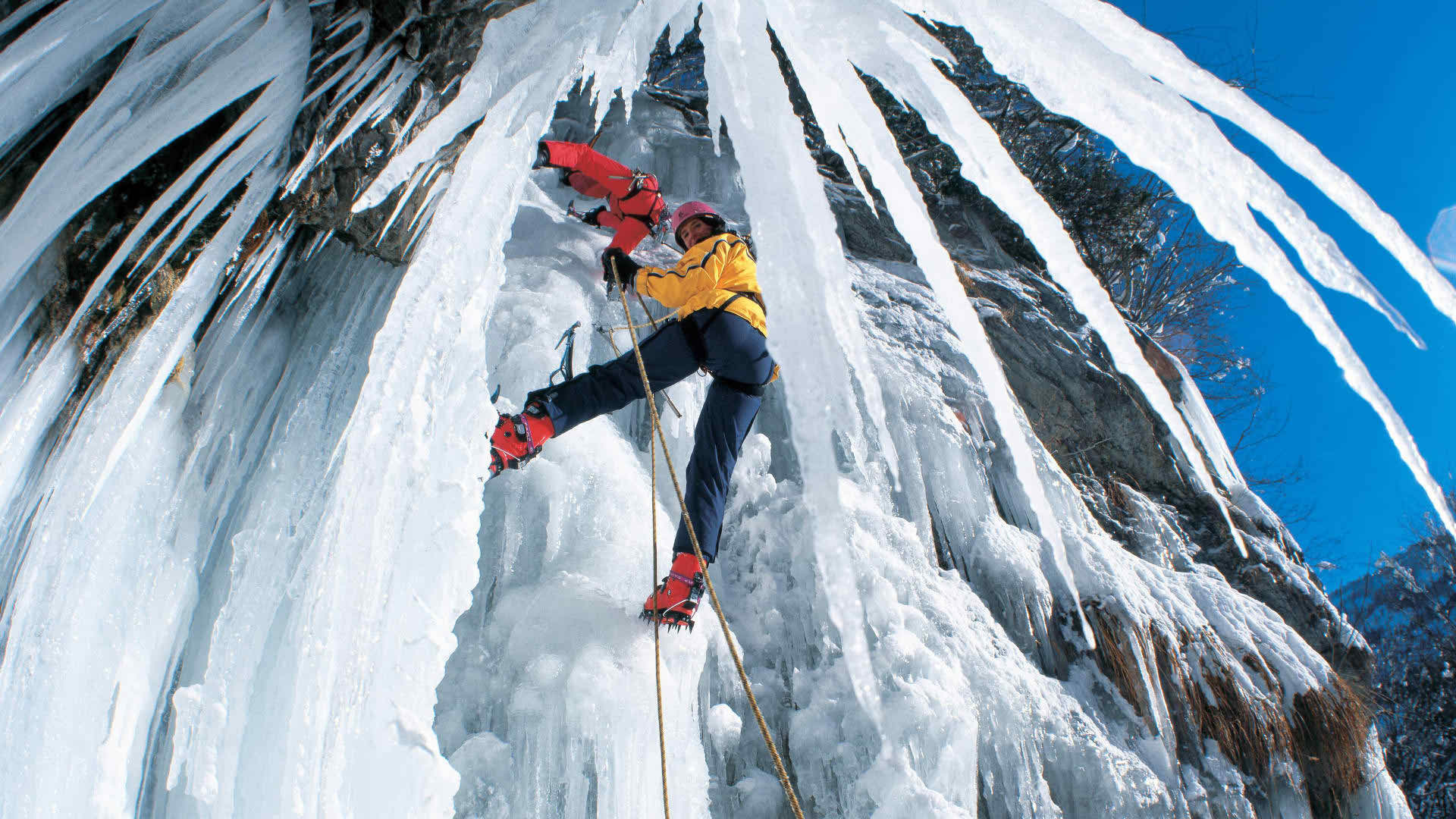 Ice Climbing: Thousands Of Ice Chandeliers, Extreme Sports And Dangerous Hobby In North America. 1920x1080 Full HD Background.