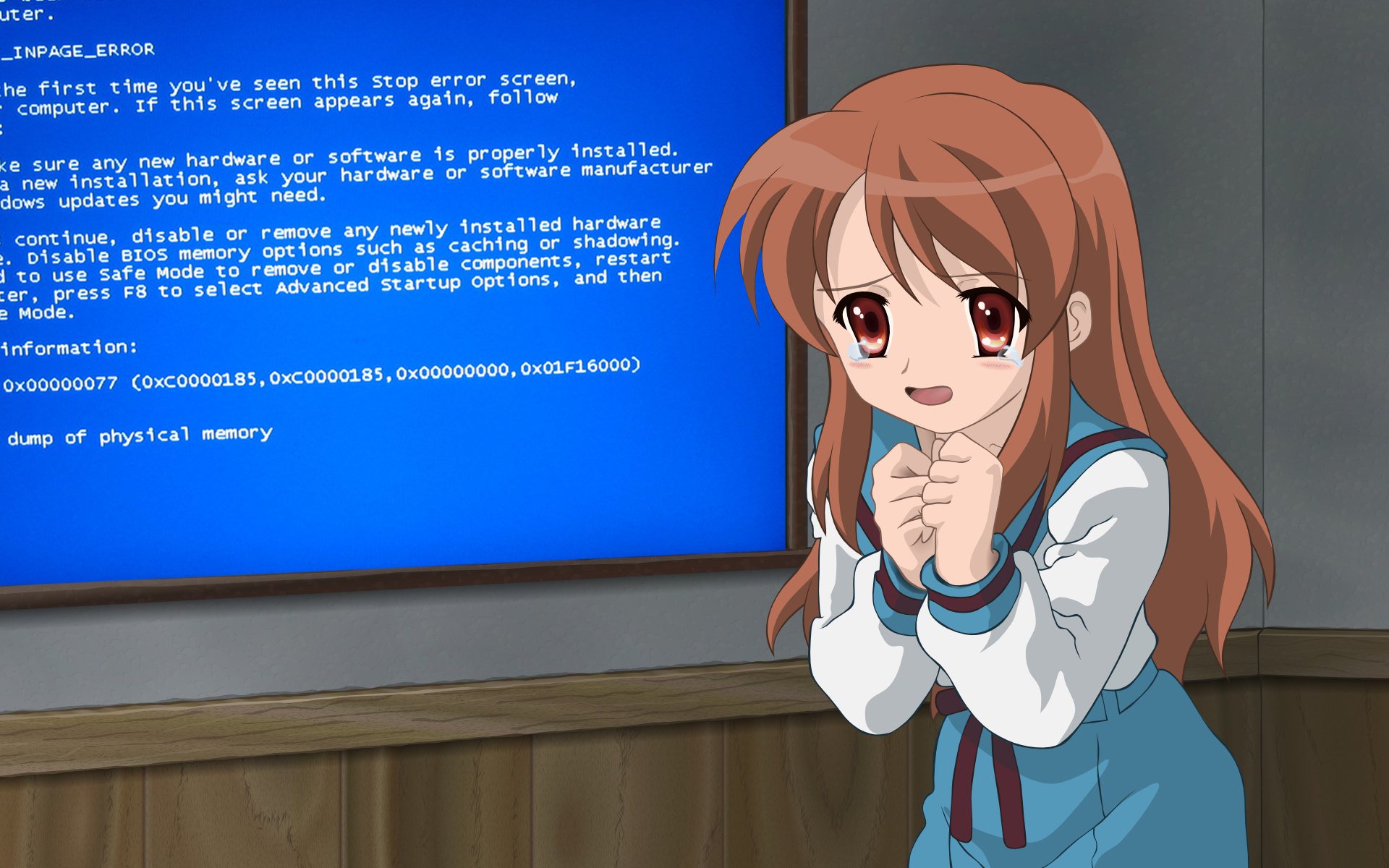 Melancholy of Haruhi Suzumiya, Asahina Mikuru, Meme parody, Blue screen, 1920x1200 HD Desktop