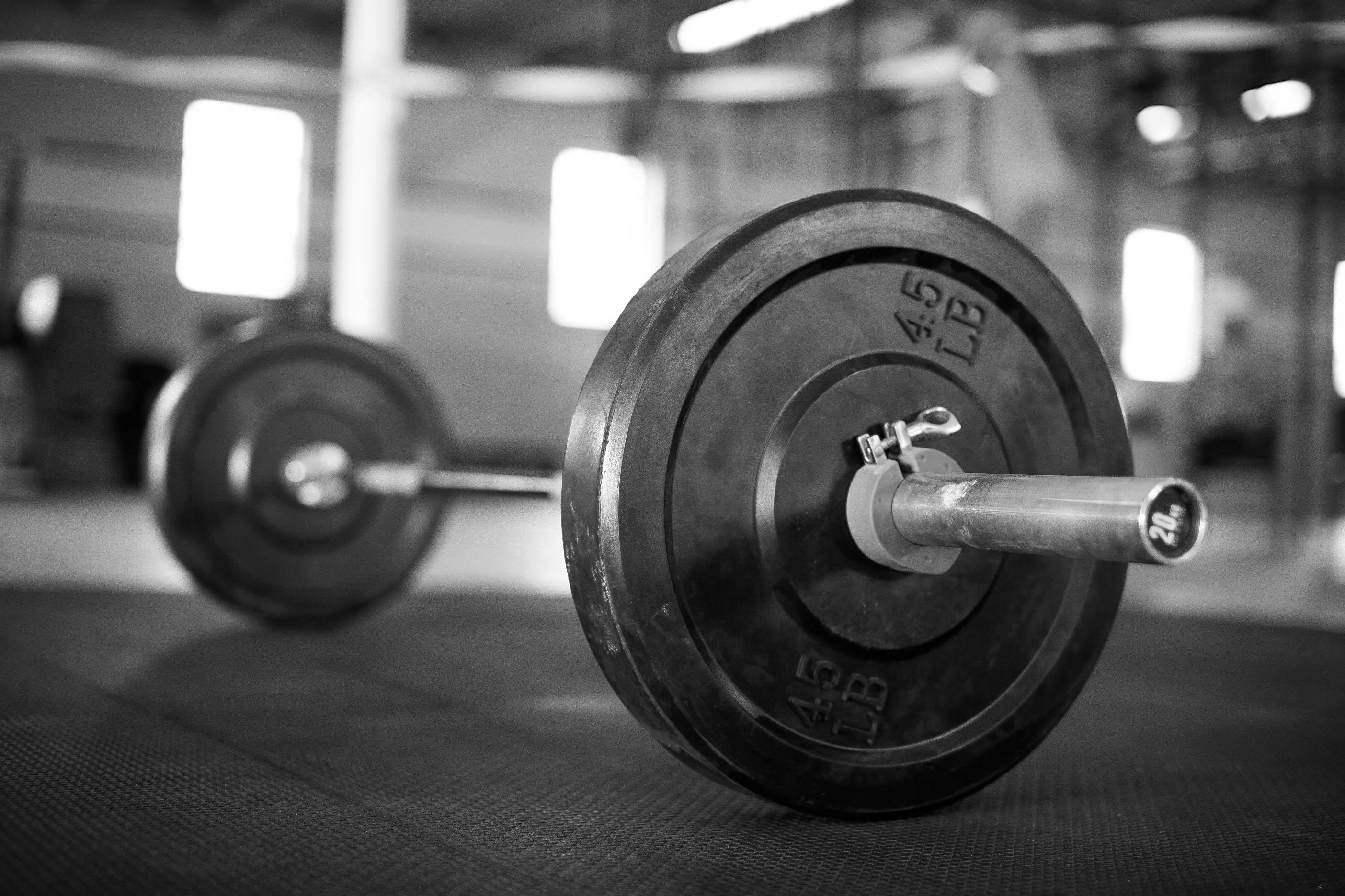 CrossFit: Barbell, 45 lb, Weight plate, Baked enamel finish, Made of solid cast iron, Monochrome. 2810x1880 HD Wallpaper.