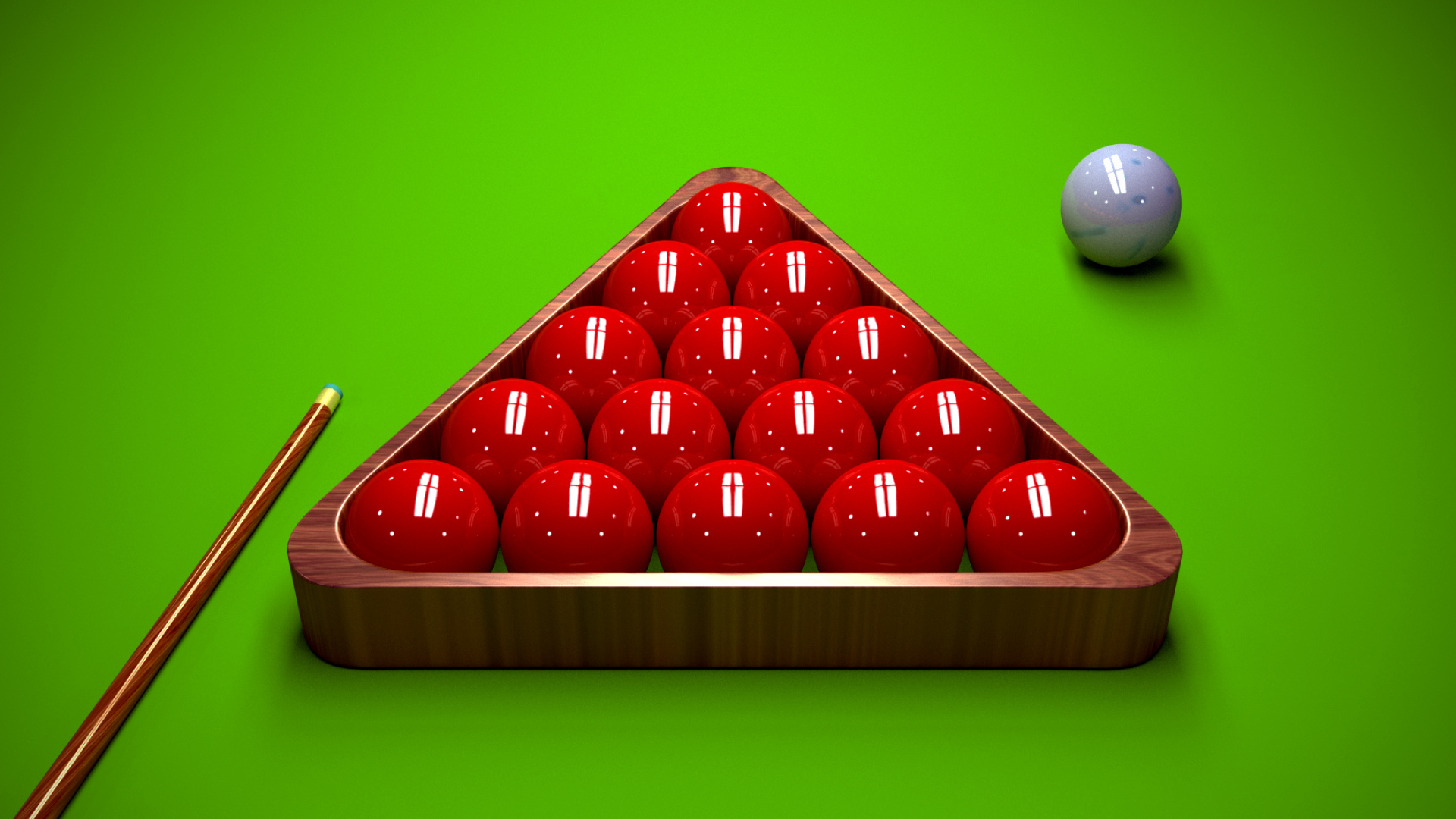 Cue Sports: Classic snooker game that is played with twenty-two balls - a cue ball, fifteen red balls, and six other balls. 1920x1080 Full HD Background.