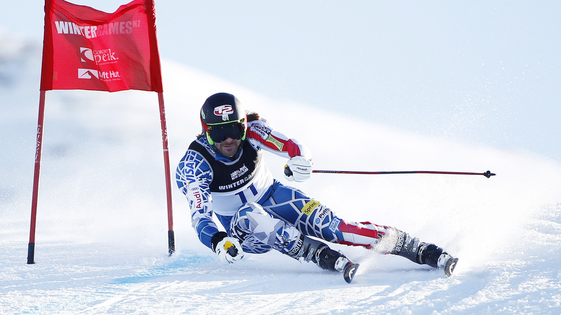 Alpine Skiing: Giant slalom, Skier, Downhill in a zigzag between upright obstacles. 1920x1080 Full HD Wallpaper.