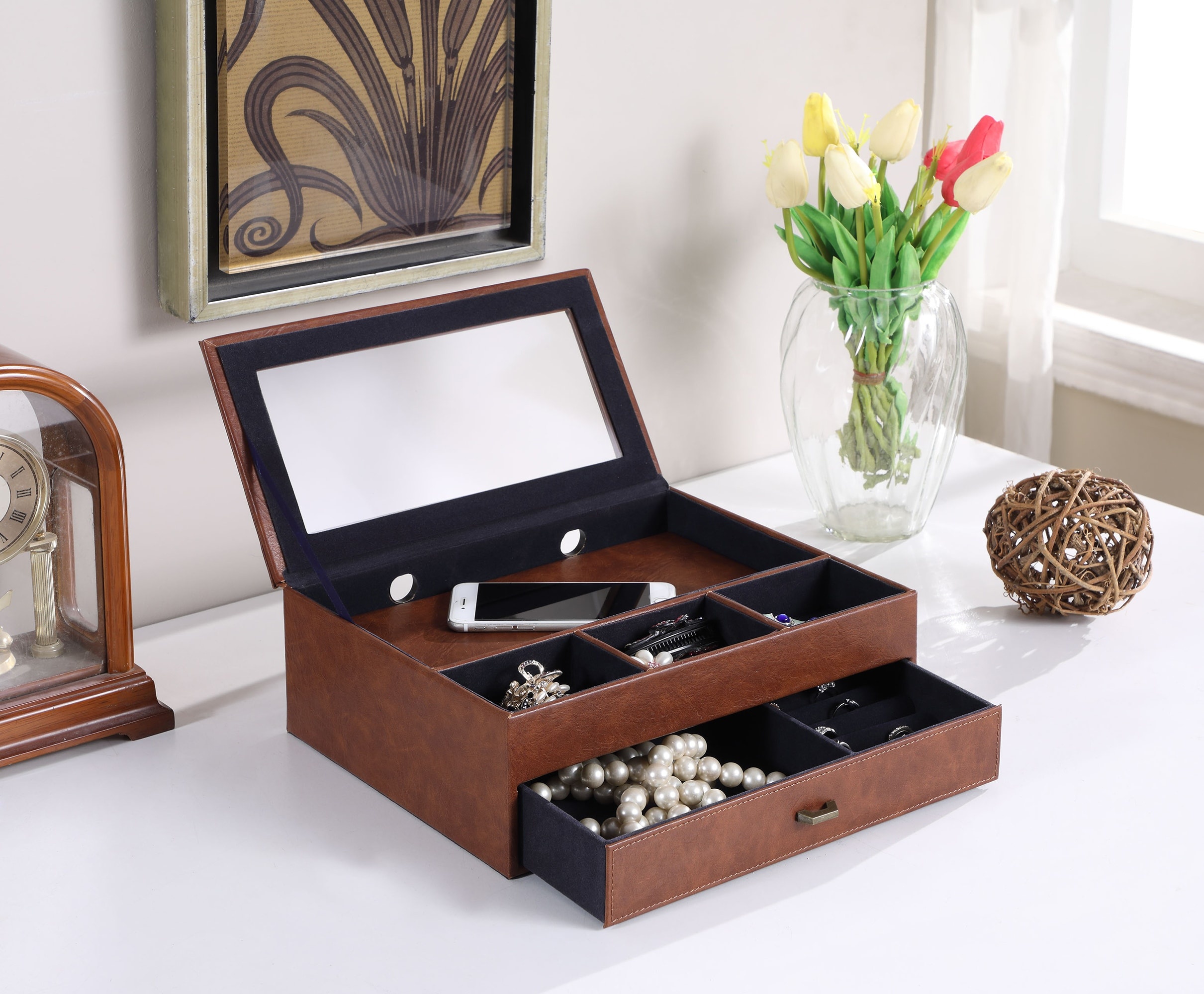 ORE International Brown Leather Freestanding Jewelry Box in the Jewelry Boxes \u0026 Storage department at 2430x2000