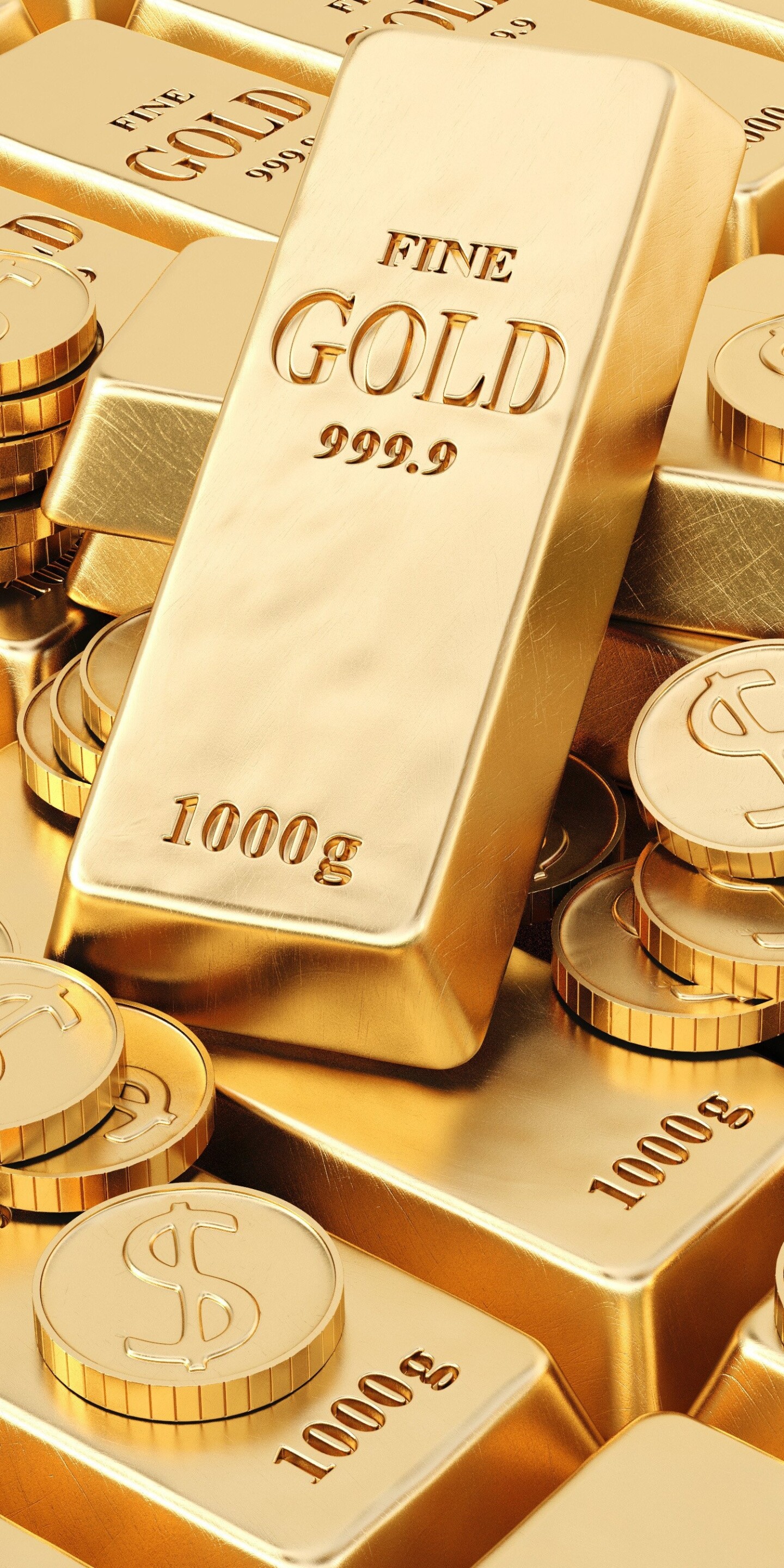 Gold: 1 kg gold bar, The Royal Mint Refinery, A quantity of refined metallic gold in rectangular shape. 1440x2880 HD Wallpaper.