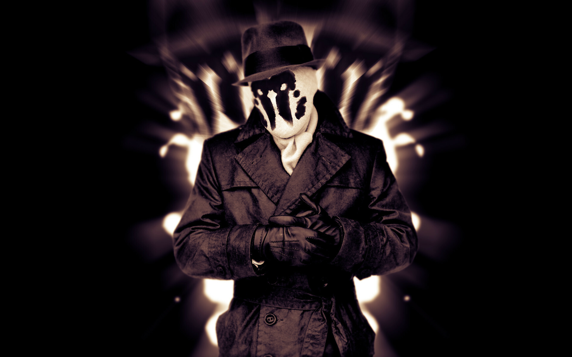 Rorschach (Watchmen): The shifting black-and-white patterns on his mask resemble test's inkblots. 1920x1200 HD Background.