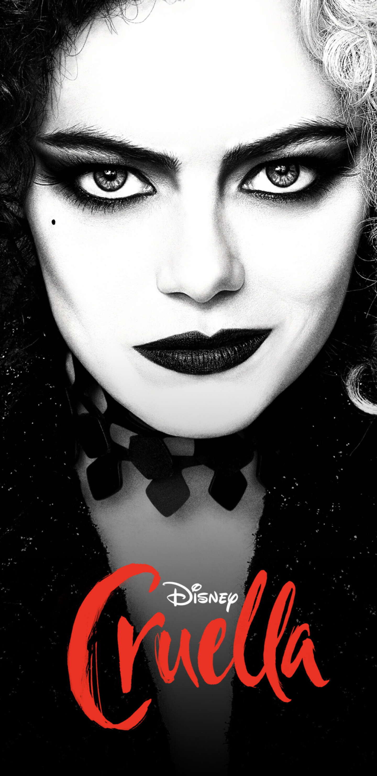 Cruella (2021): An American live-action crime-comedy drama film that was distributed by Walt Disney Pictures. 1440x2960 HD Background.