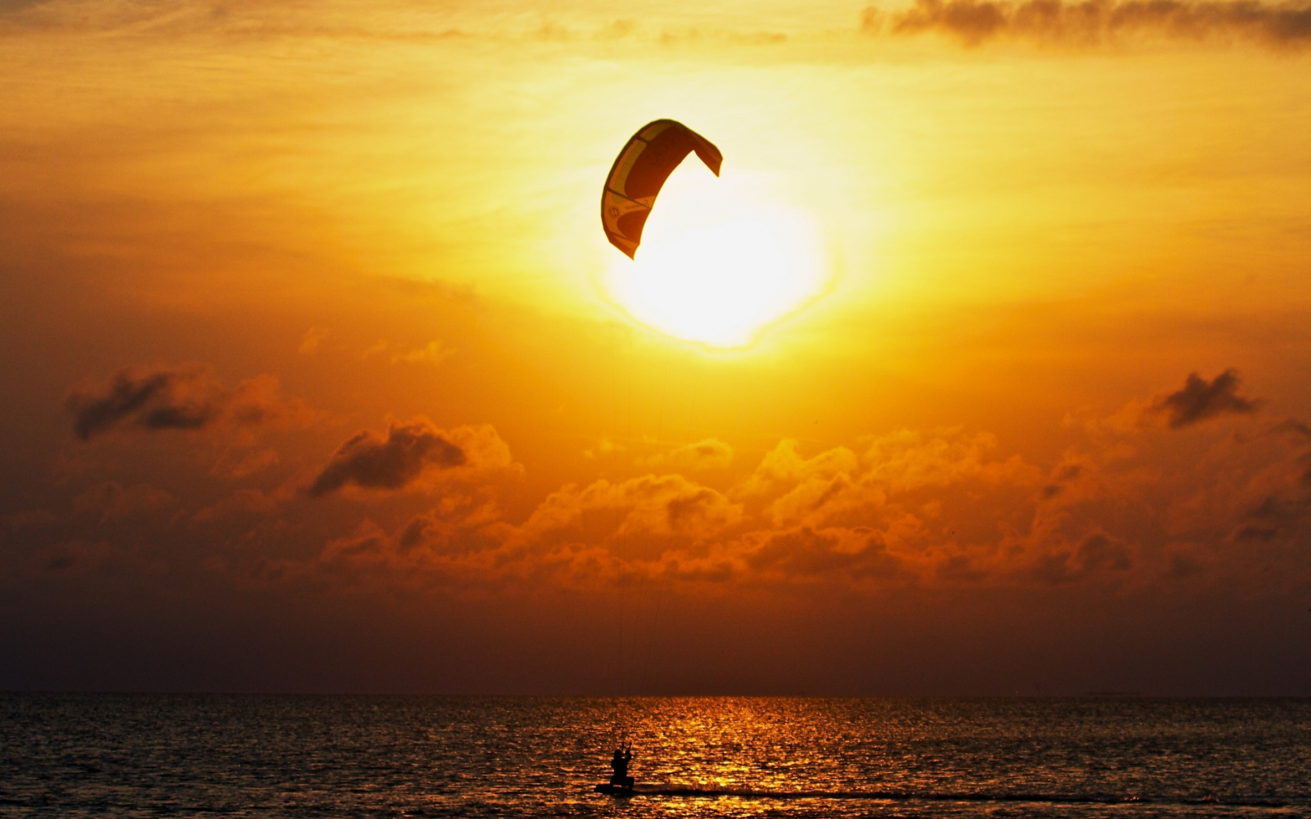 Kiteboarding: Kitesurfing, Sunset, Open sea passages, Wind power. 2560x1600 HD Background.