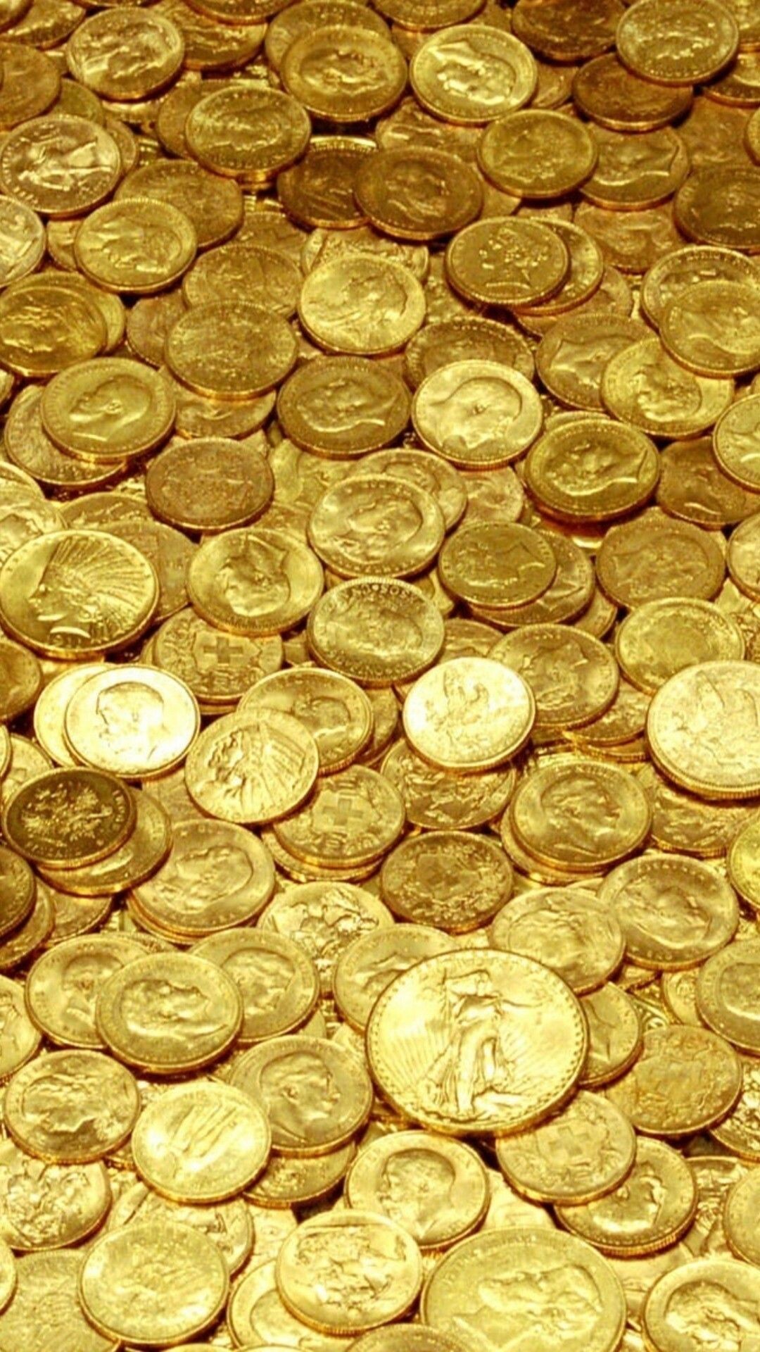 Gold Coins: The coinage of different countries, A small round piece of metal used as a medium of exchange. 1080x1920 Full HD Background.