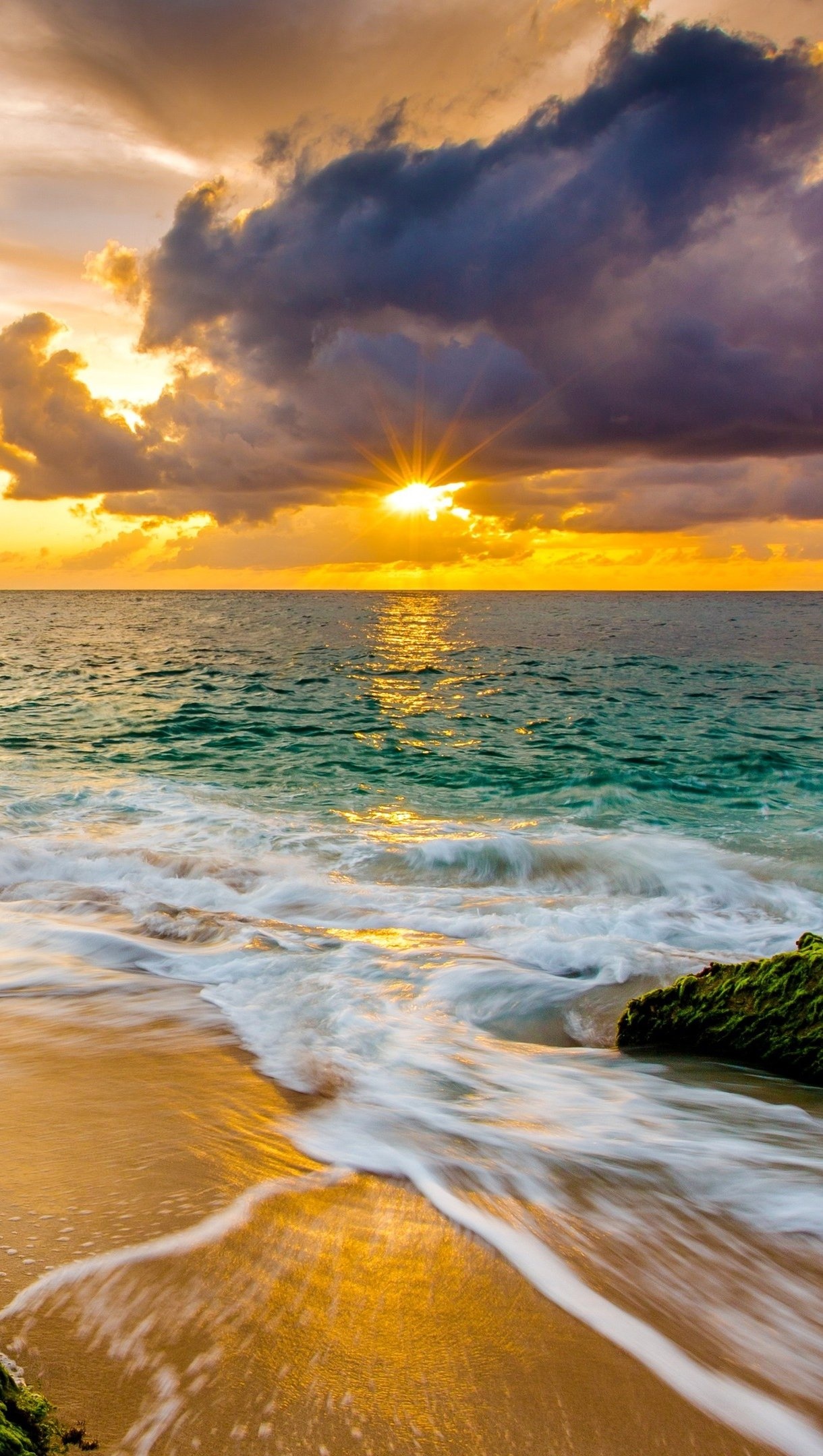 Sunset beauty, Hawaiian beach, Ocean waves, Tropical paradise, 1220x2160 HD Phone
