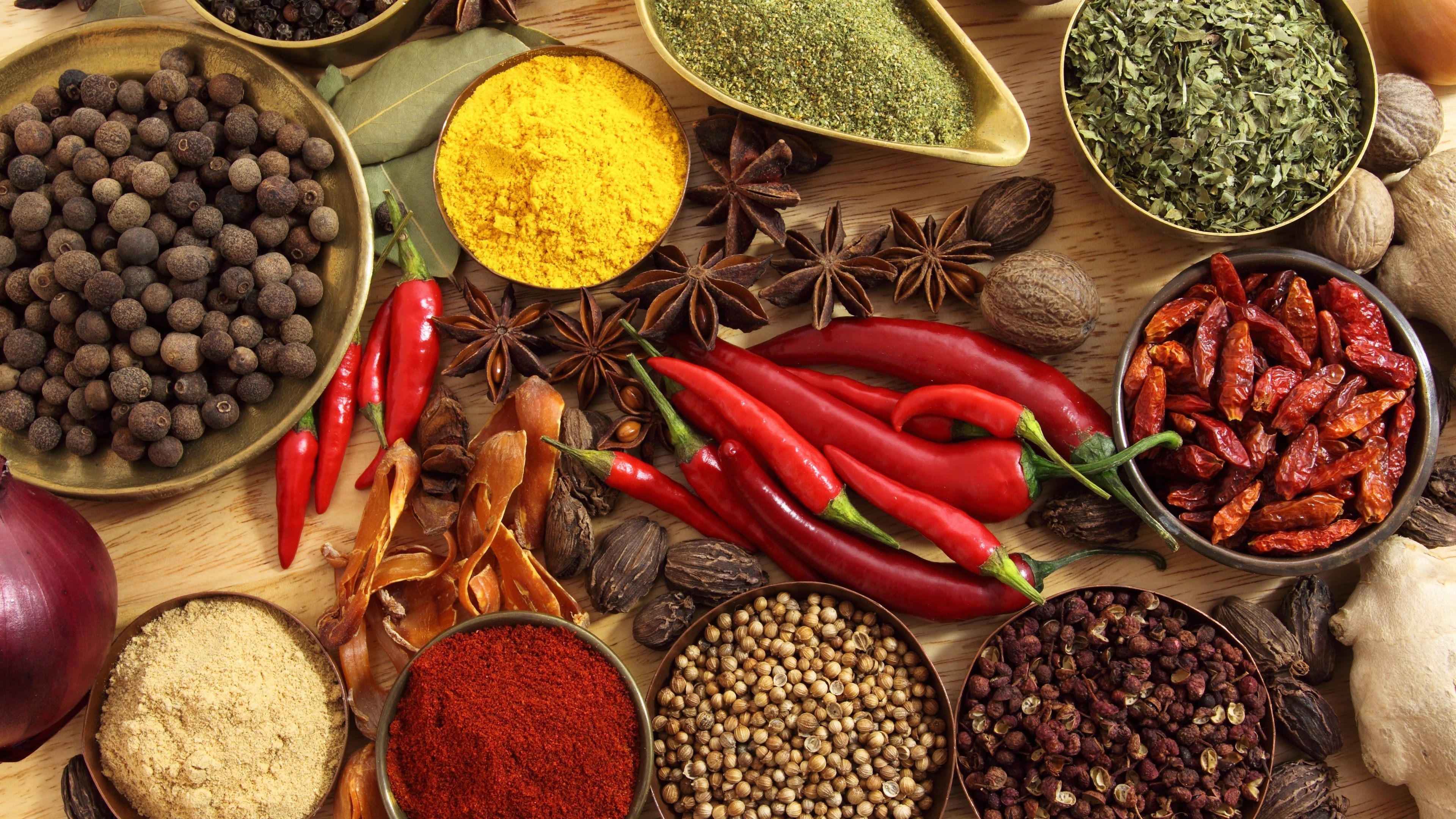 Spices: Supplementing food, Herbs, Chilli, Basil, Nutmeg, Cinnamon. 3840x2160 4K Wallpaper.