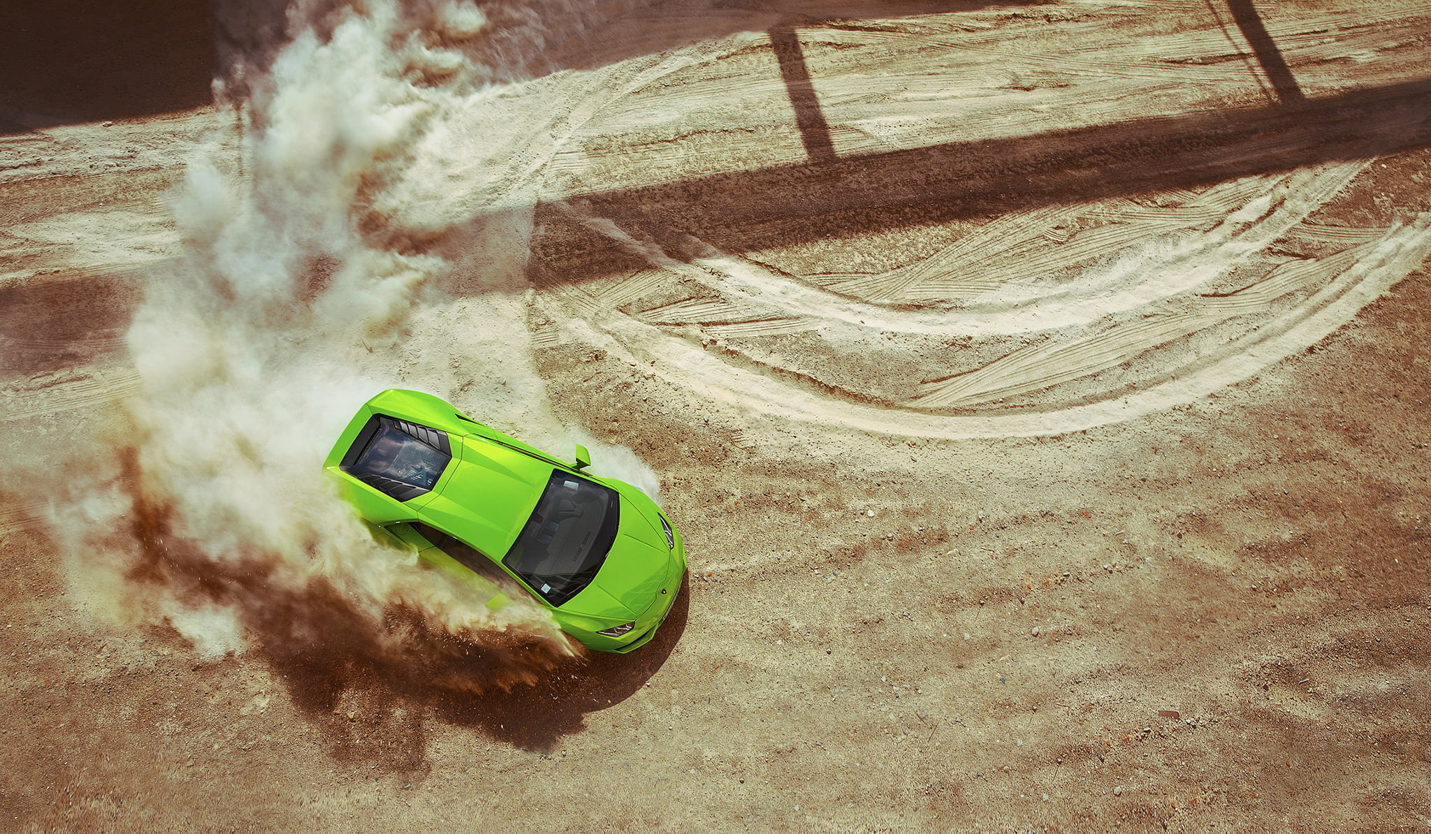 Drifting: Lamborghini Huracan, Oversteered Italian supercar in the dirt, Motorsport. 2050x1200 HD Background.