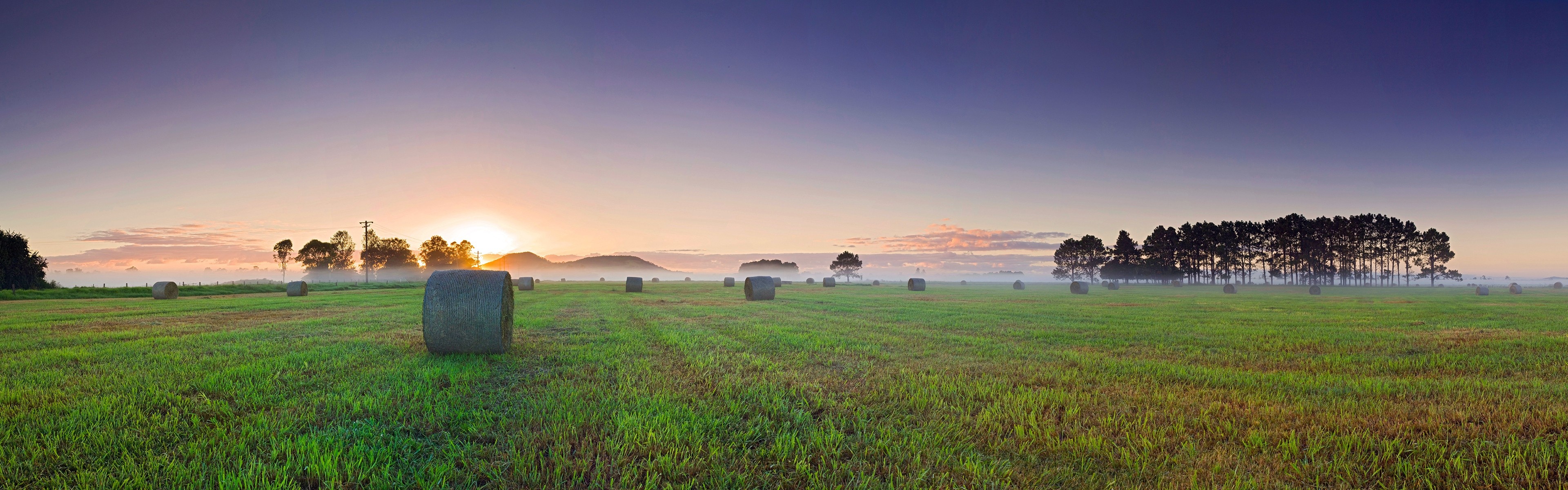 Grassland: Nature, Field, Mist, Horizon, Panorama, Haystacks, Dawn, Agriculture, Meadow, Plain, Prairie, Rural area. 3840x1200 Dual Screen Background.
