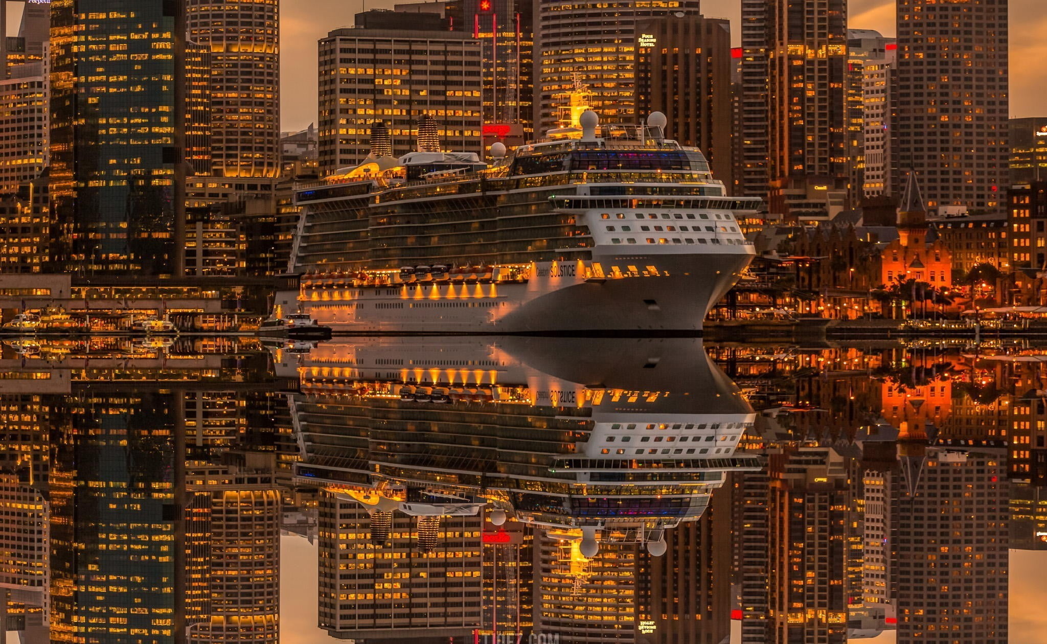 White cruiser ship, Cityscape backdrop, Urban voyage, Ship symbol, 2050x1260 HD Desktop
