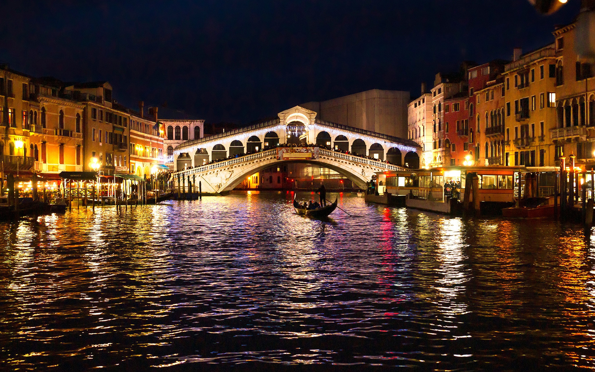 Night bridge city boats, Lighting Italy Venice, Channel the Grand Canal, 1920x1200 HD Desktop