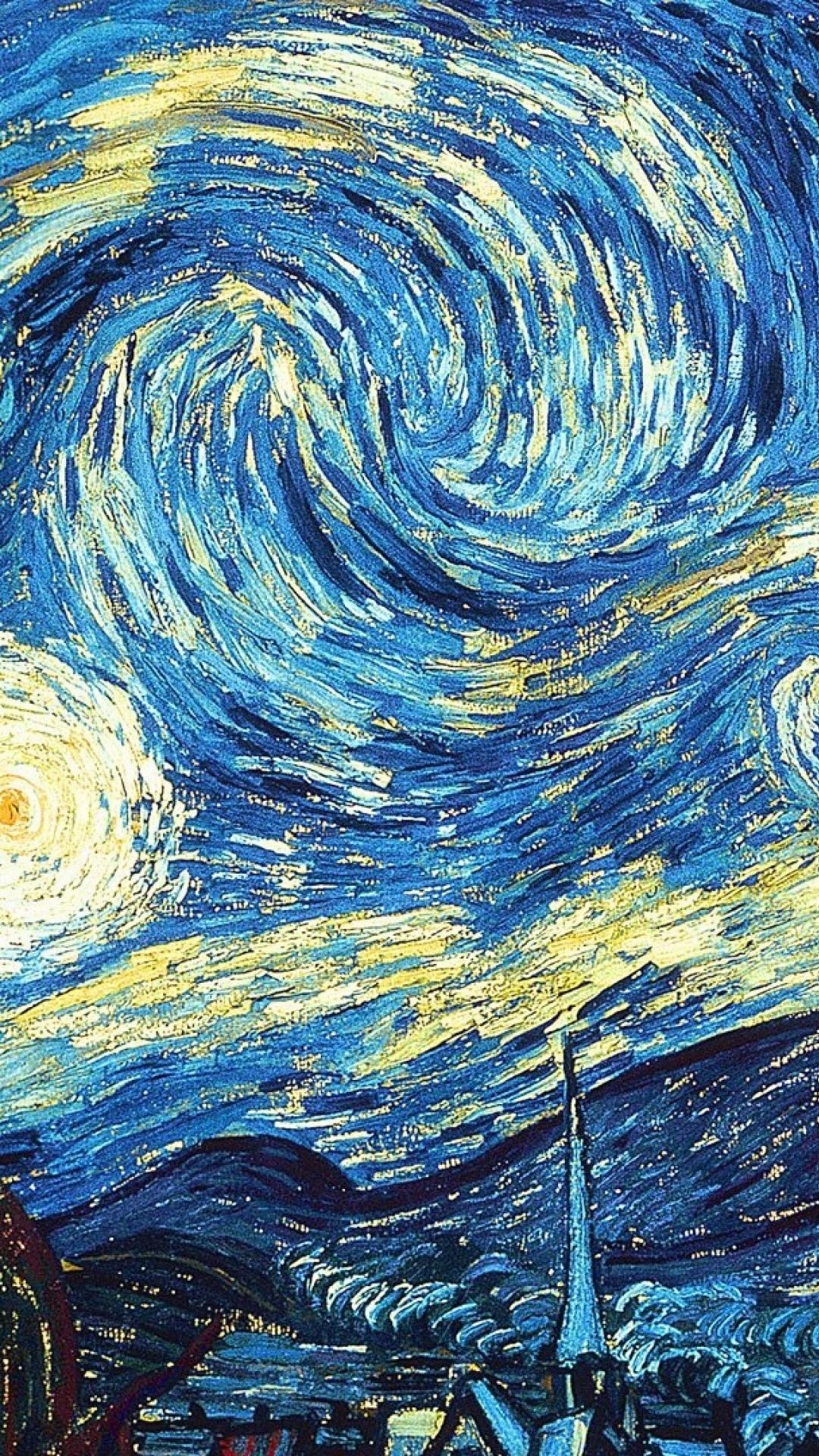 The Starry Night, Vincent van Gogh, night sky, swirling patterns, 1080x1920 Full HD Phone