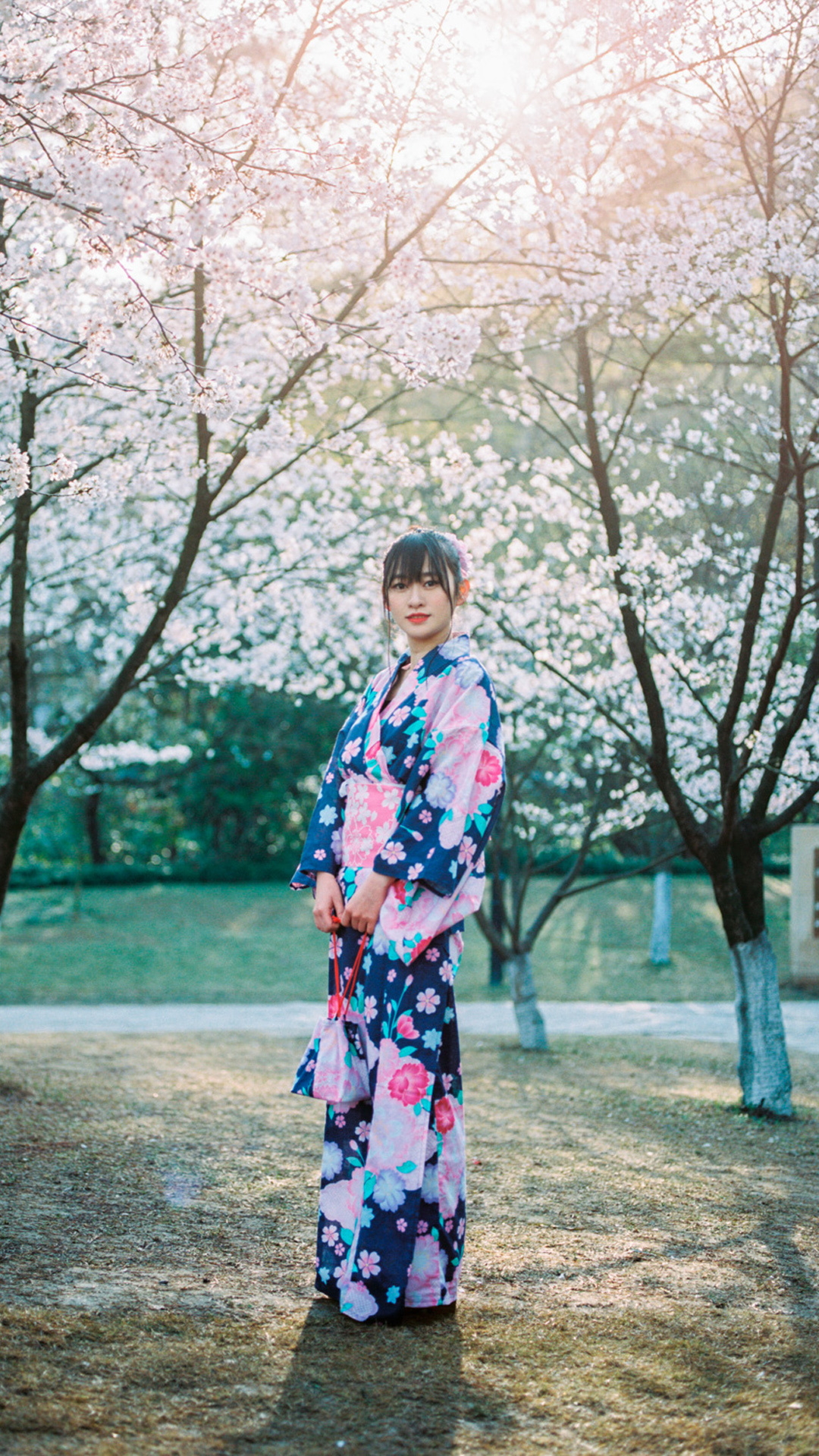 Japanese girl in kimono, Sakura scenery, Android wallpaper, Mobile backgrounds, 1080x1920 Full HD Phone
