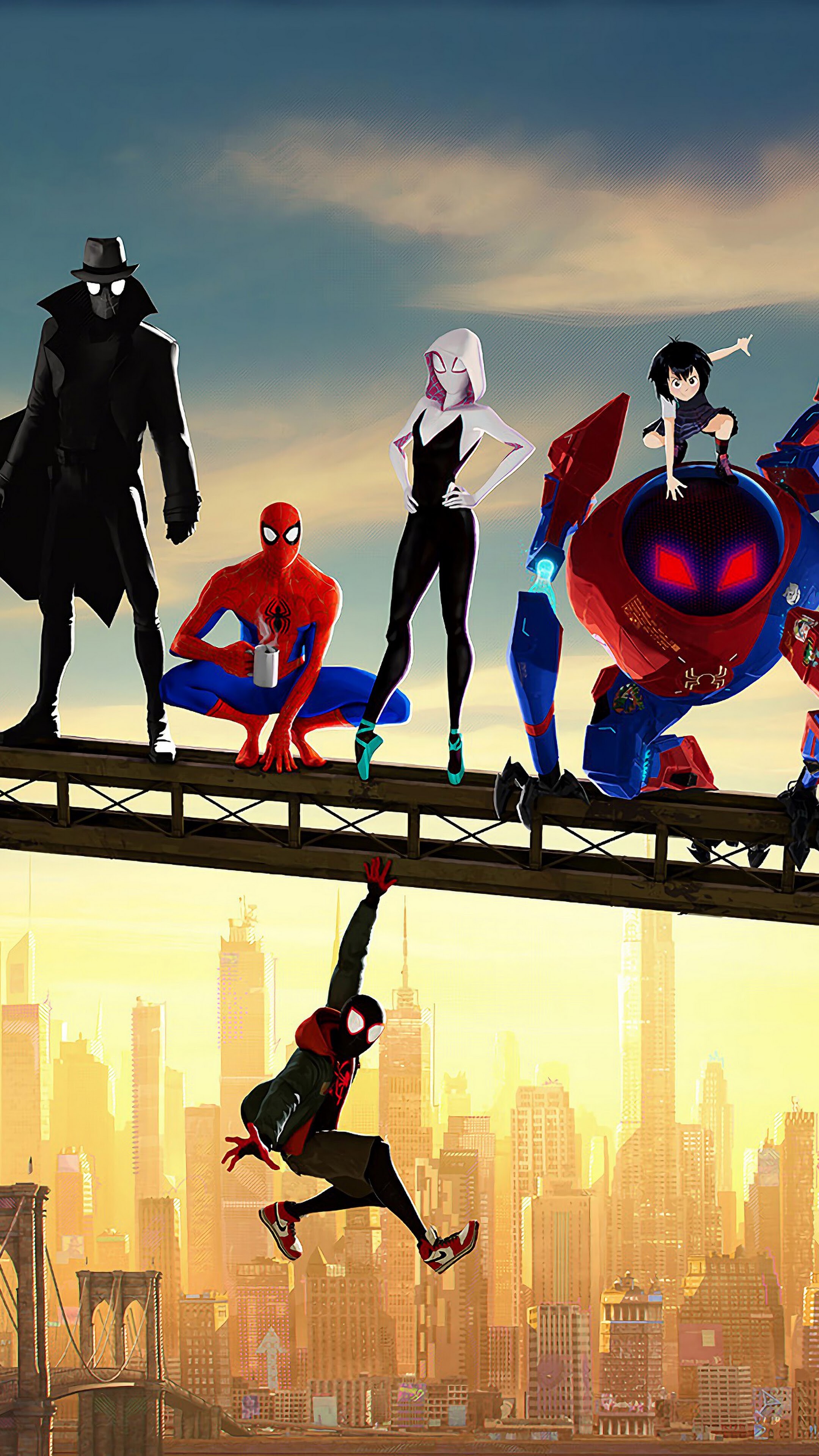 Spider-Man: Into the Spider-Verse: Peni Parker, Peter B. Parker, Gwen Stacy, Miles Morales. 2160x3840 4K Wallpaper.