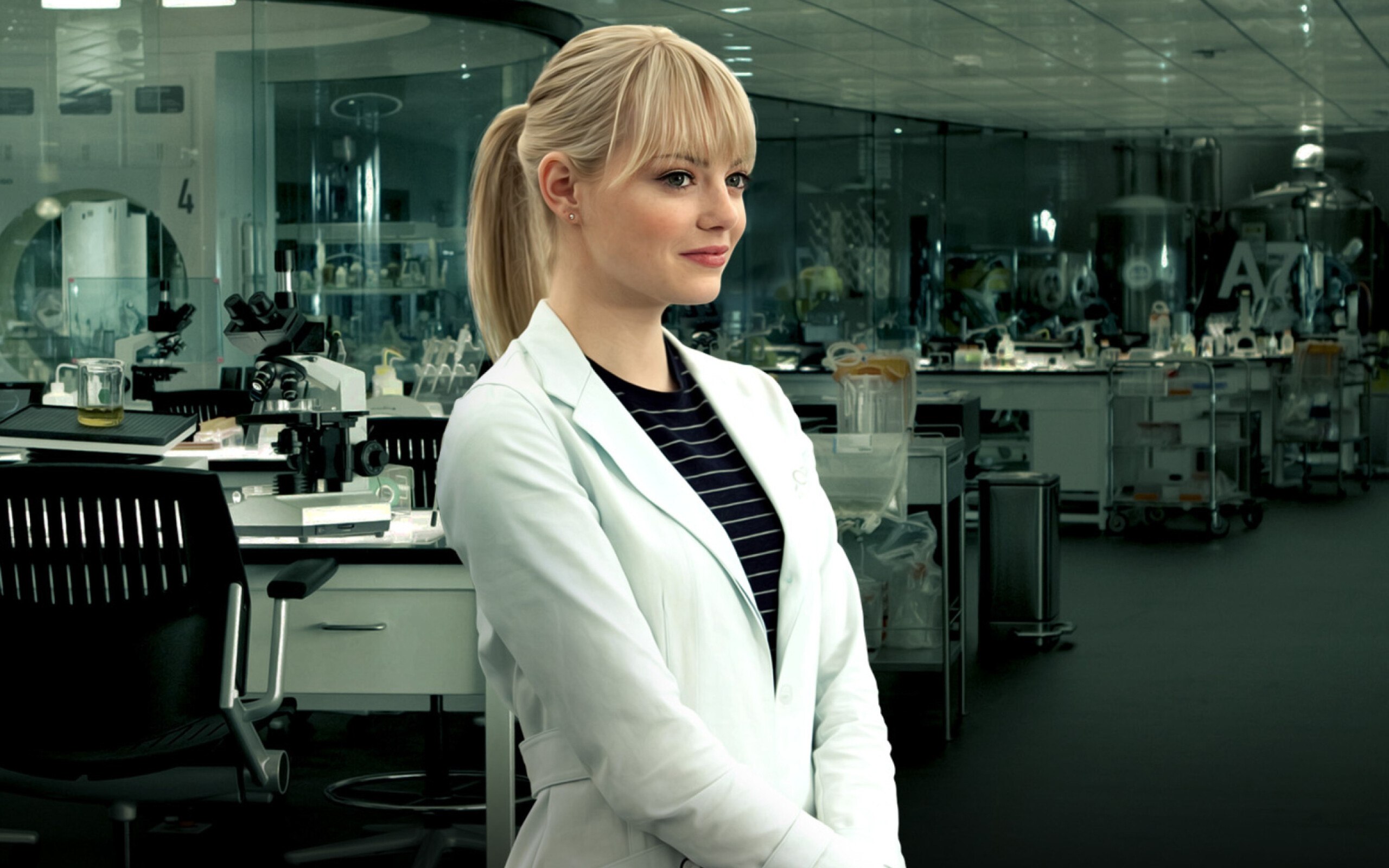 Gwen Stacy: Emma Stone as a classmate to Peter Parker and Flash Thompson at Midtown Science High School. 2560x1600 HD Background.
