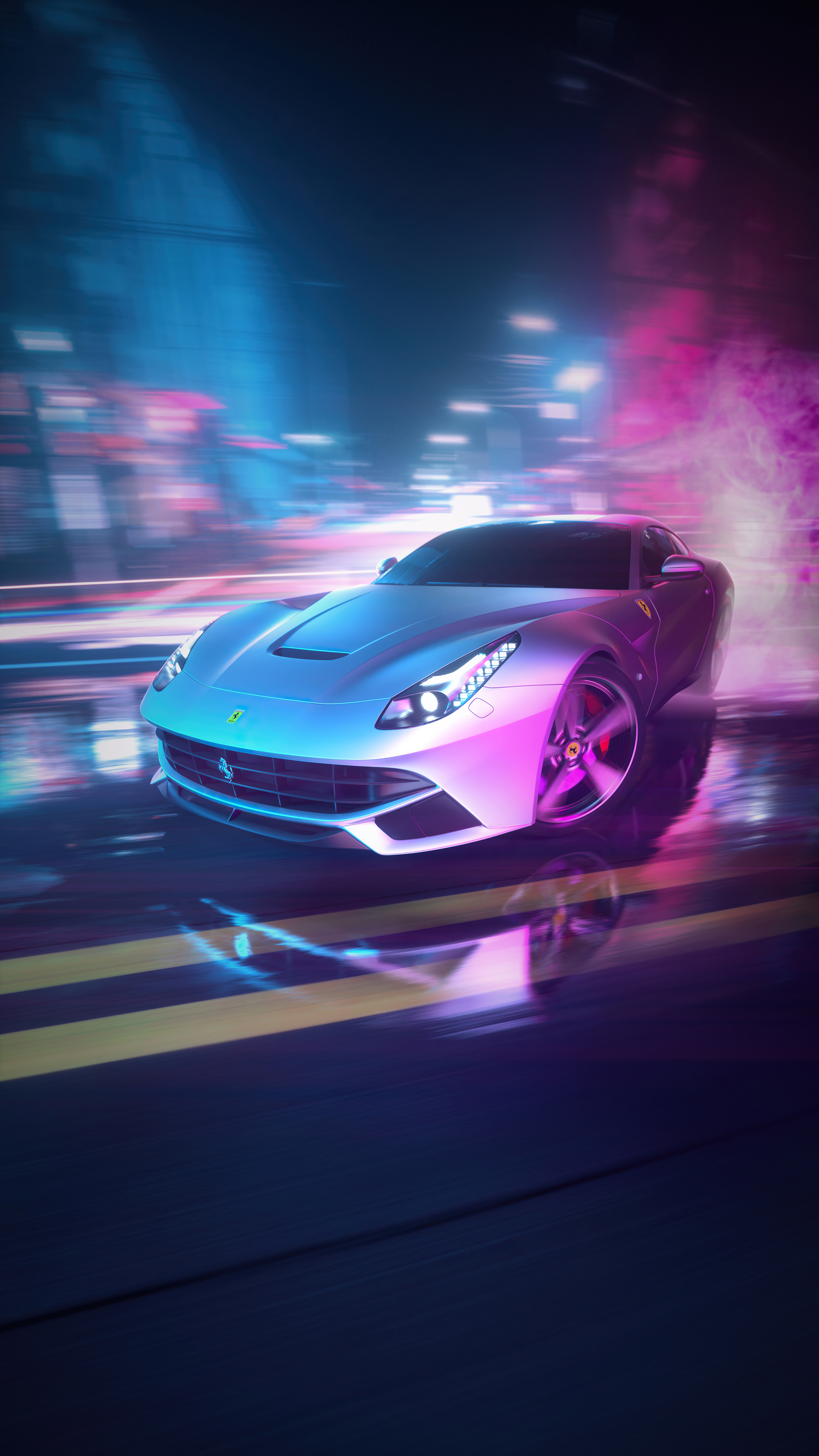 Drifting: Oversteered Ferrari on the streets of a night city, Supercar racing. 2160x3840 4K Background.