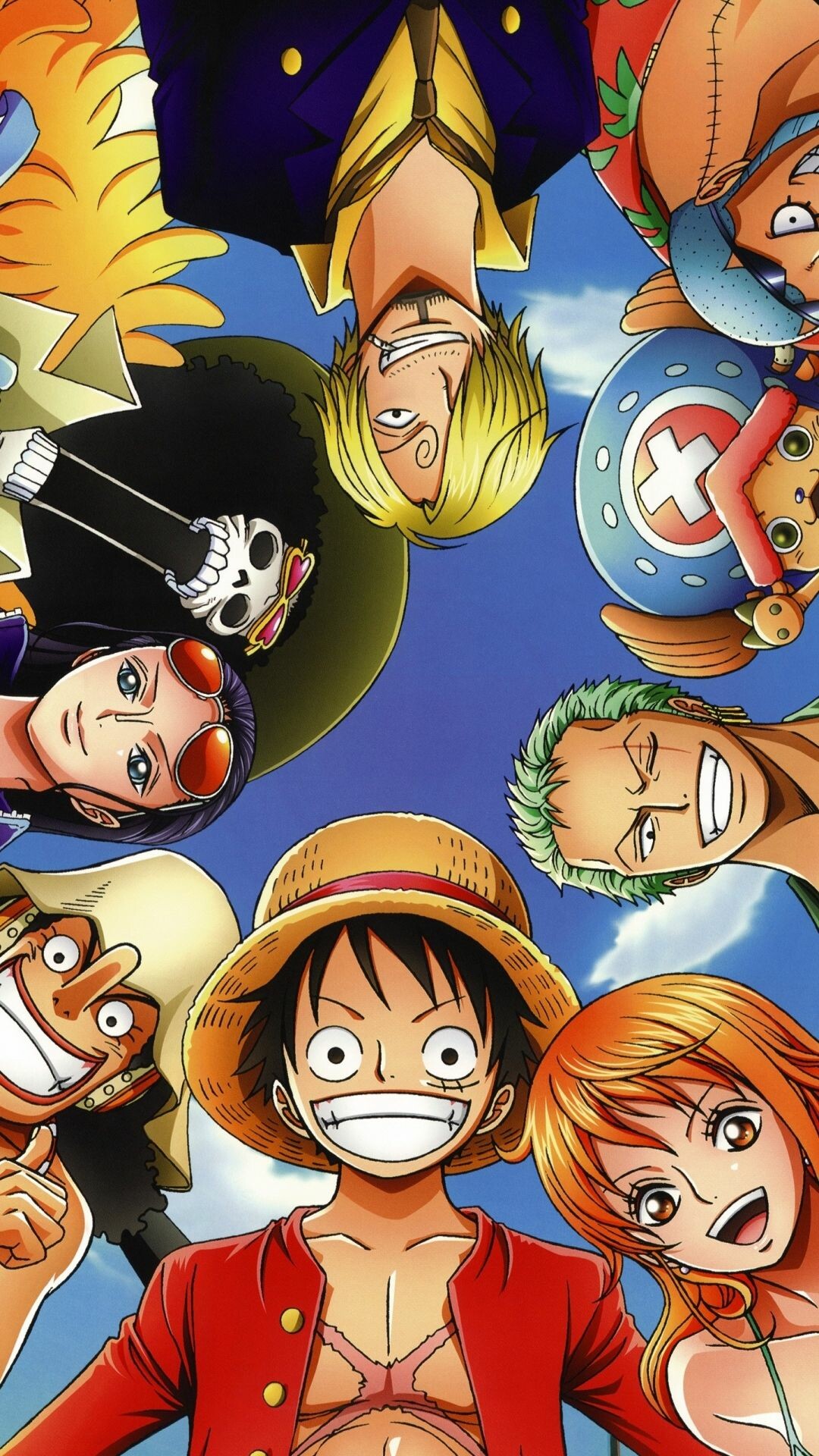 One Piece: Monkey D. Luffy, Roronoa Zoro, Nami, Usopp, Sanji, Tony Tony Chopper, Nico Robin. 1080x1920 Full HD Background.