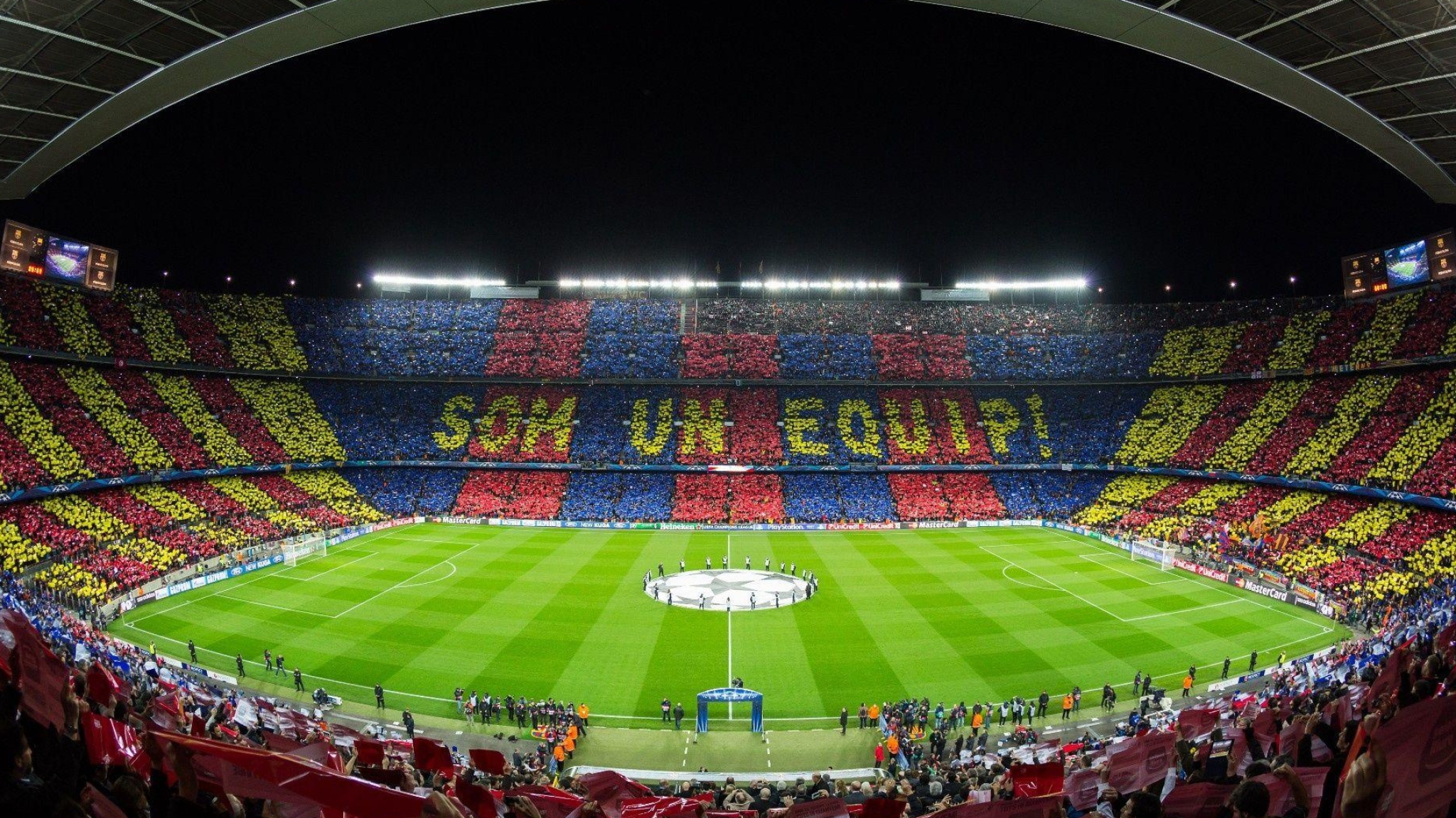Camp Nou Stadium, Barcelona, Iconic venue, Sports passion, 2050x1160 HD Desktop