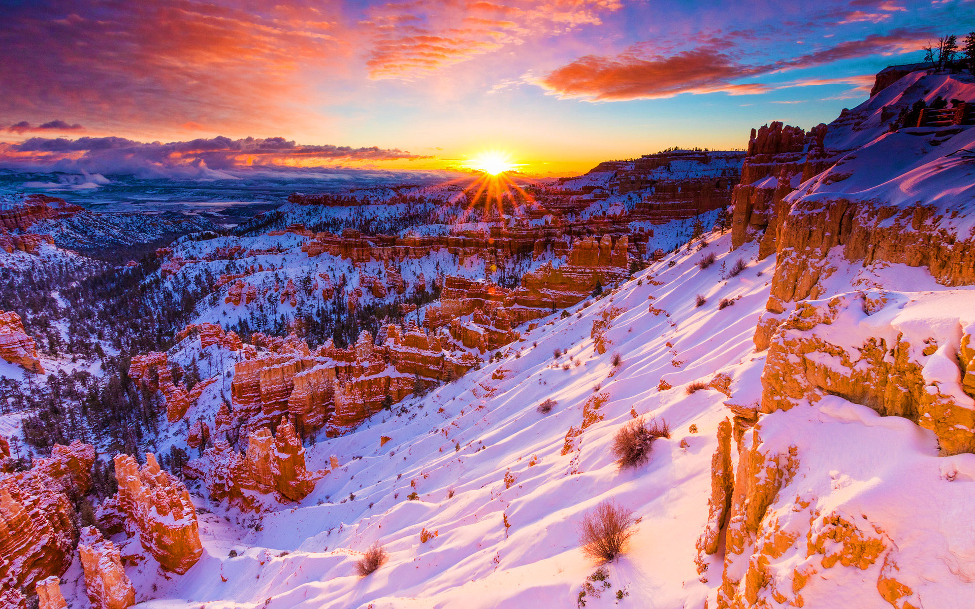 Bryce Canyon National Park, Winter snow sunset, Beautiful mountains, USA, 1920x1200 HD Desktop