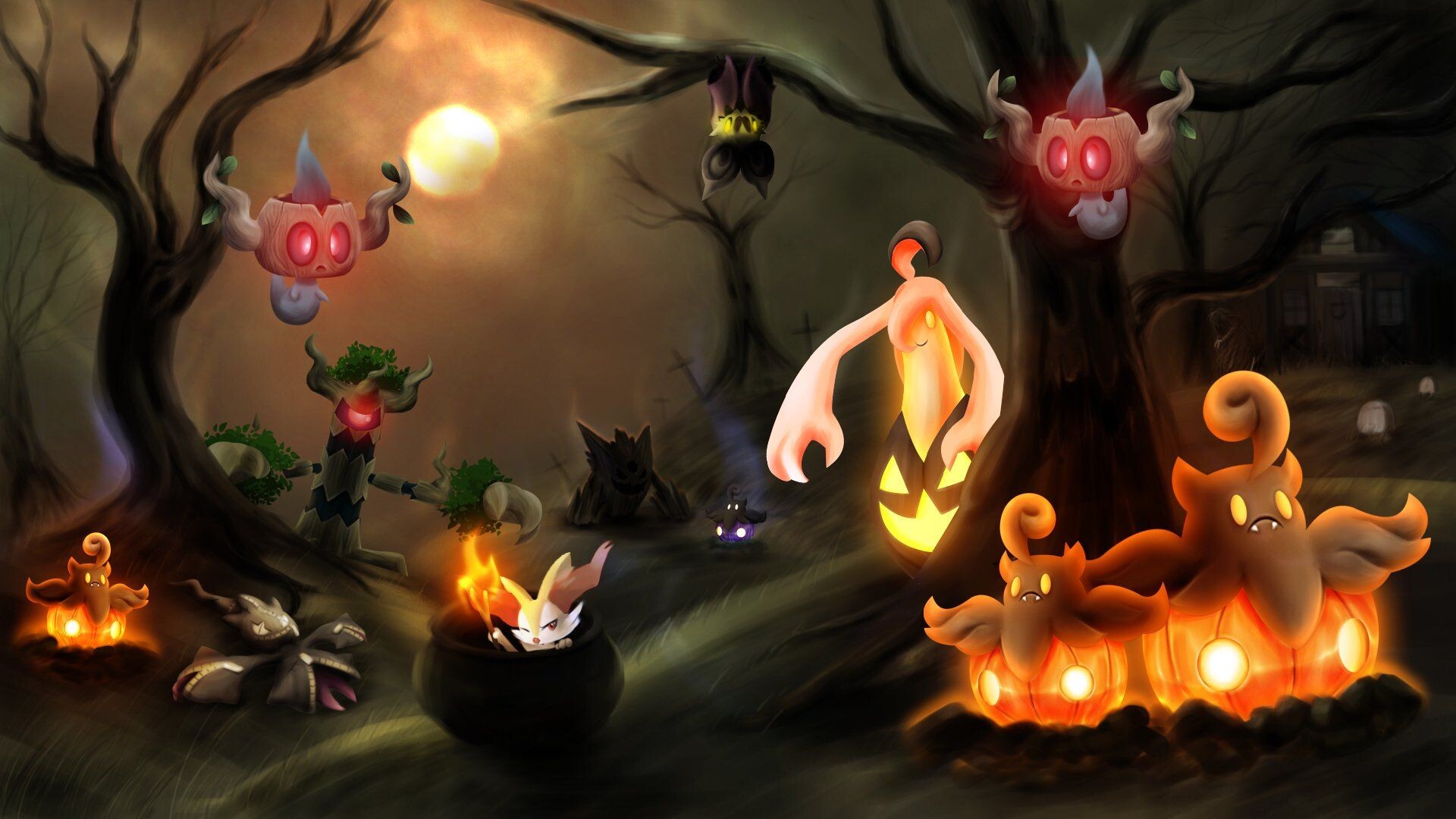 Ghost Pokemon: The type is often associated with Halloween and other spooky events. 1920x1080 Full HD Background.