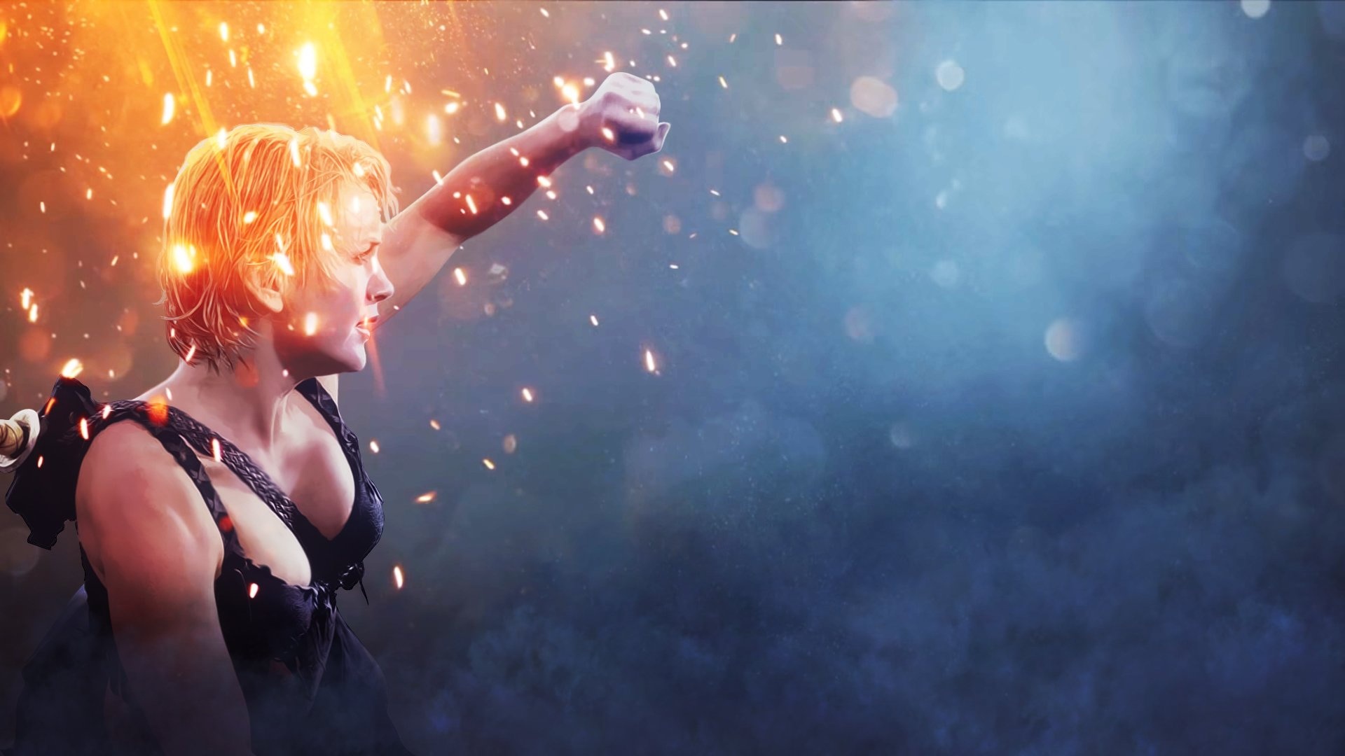Renee O'Connor: Gabrielle, Trademark weapons: the Amazon fighting staff and the sais, Xena. 1920x1080 Full HD Background.