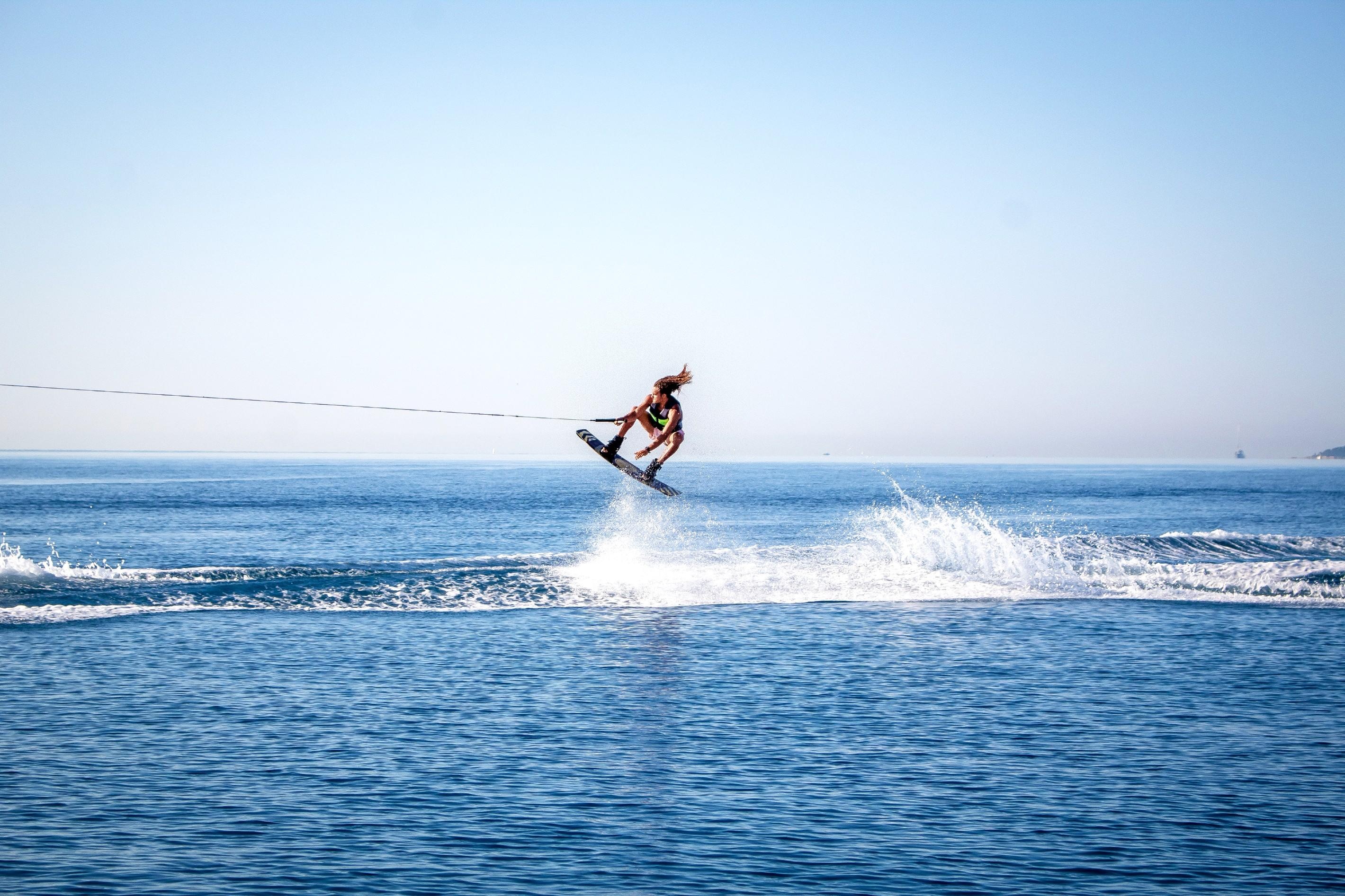 Wakeboarding: Recreational sports on the shore of the Mediterranean Sea, Villeneuve-Loubet, Southeastern France. 2840x1900 HD Background.