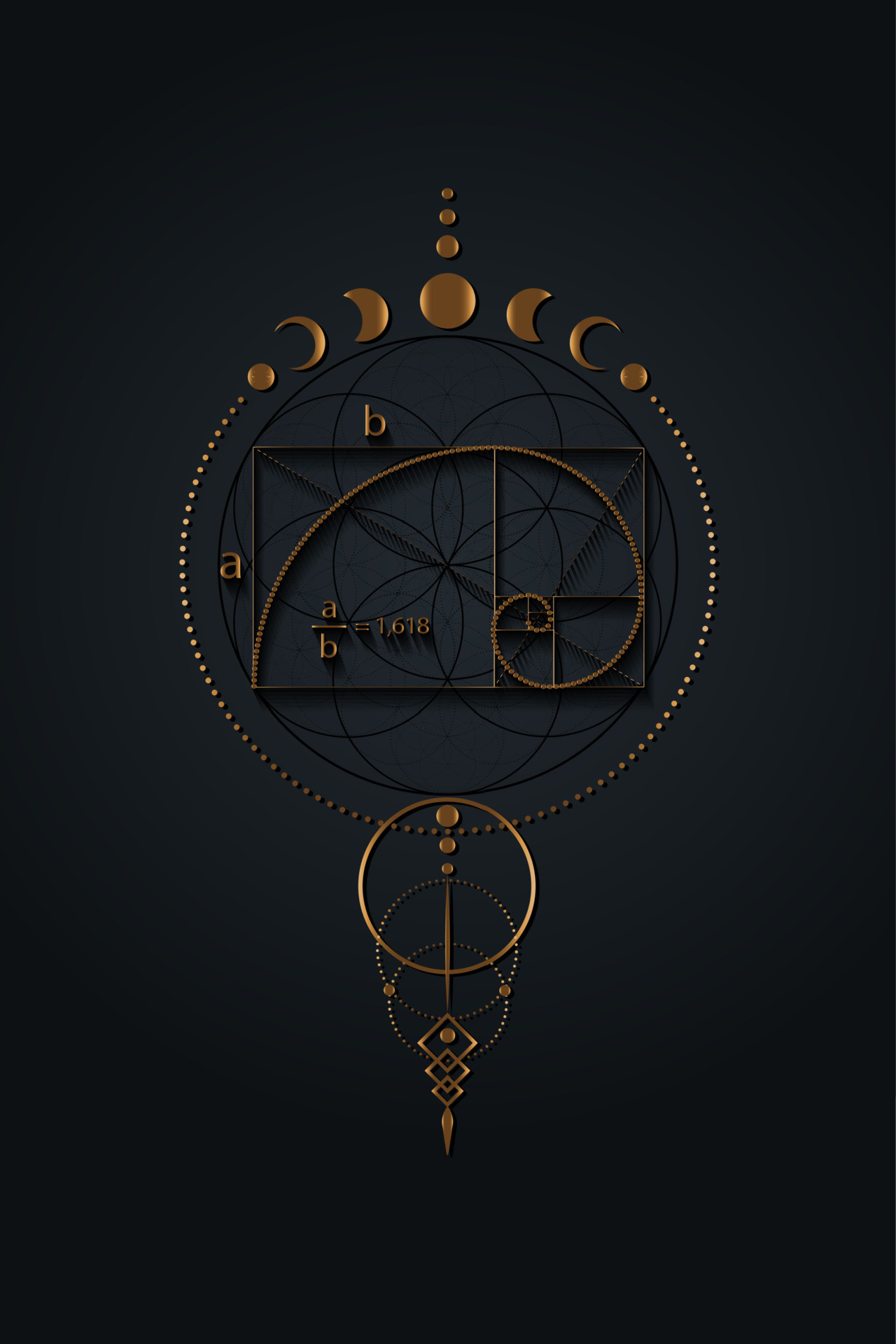 Golden Ratio: Fibonacci sequence, Numbers, Mystical flower of life and moon phases, Sacred geometry, Divine proportion, Wicca, Energy circles, Vector art. 1280x1920 HD Background.