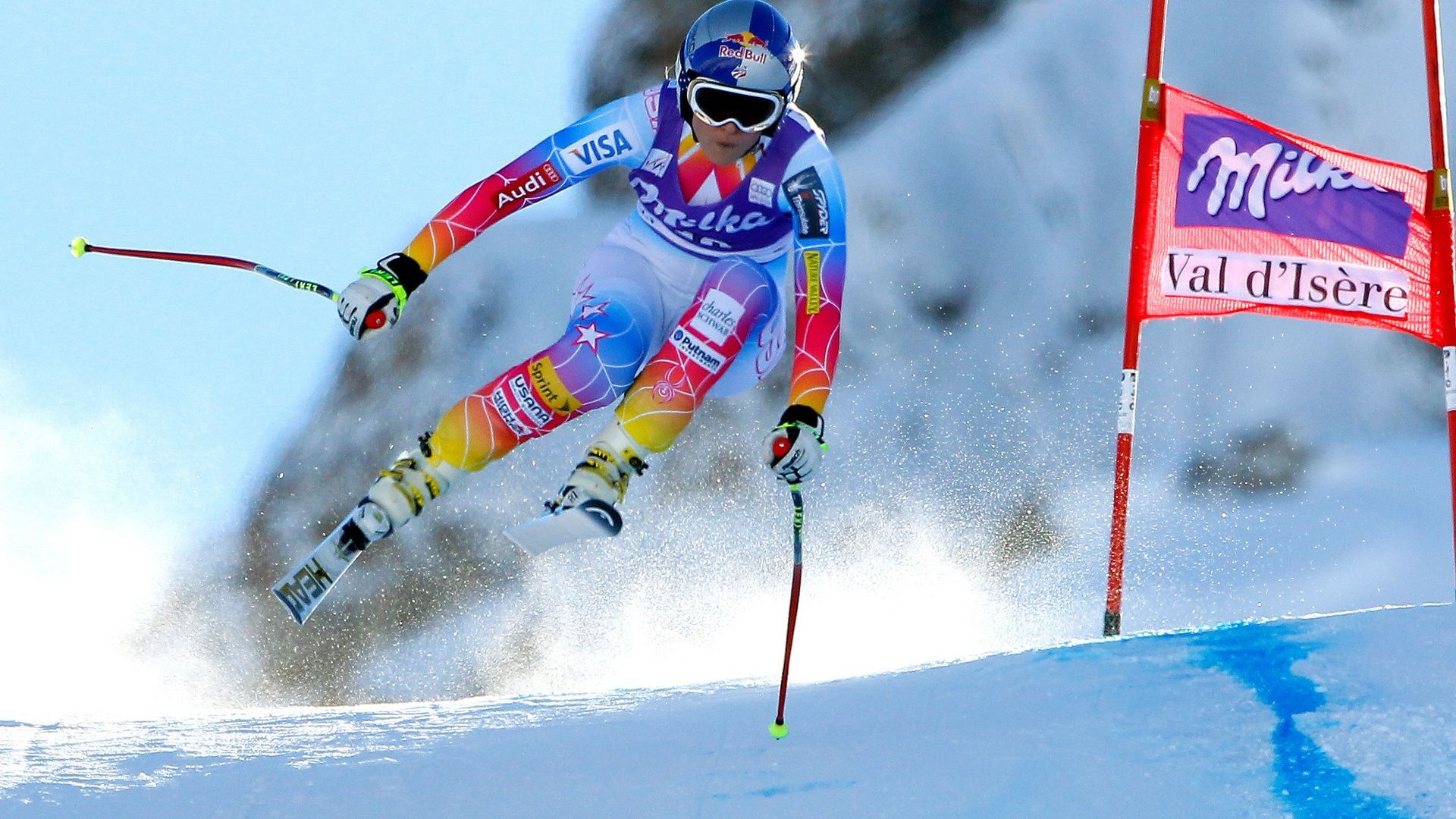 Slalom: Ski Racing, Extreme sports, Passing the distance on a snow track. 1920x1080 Full HD Background.