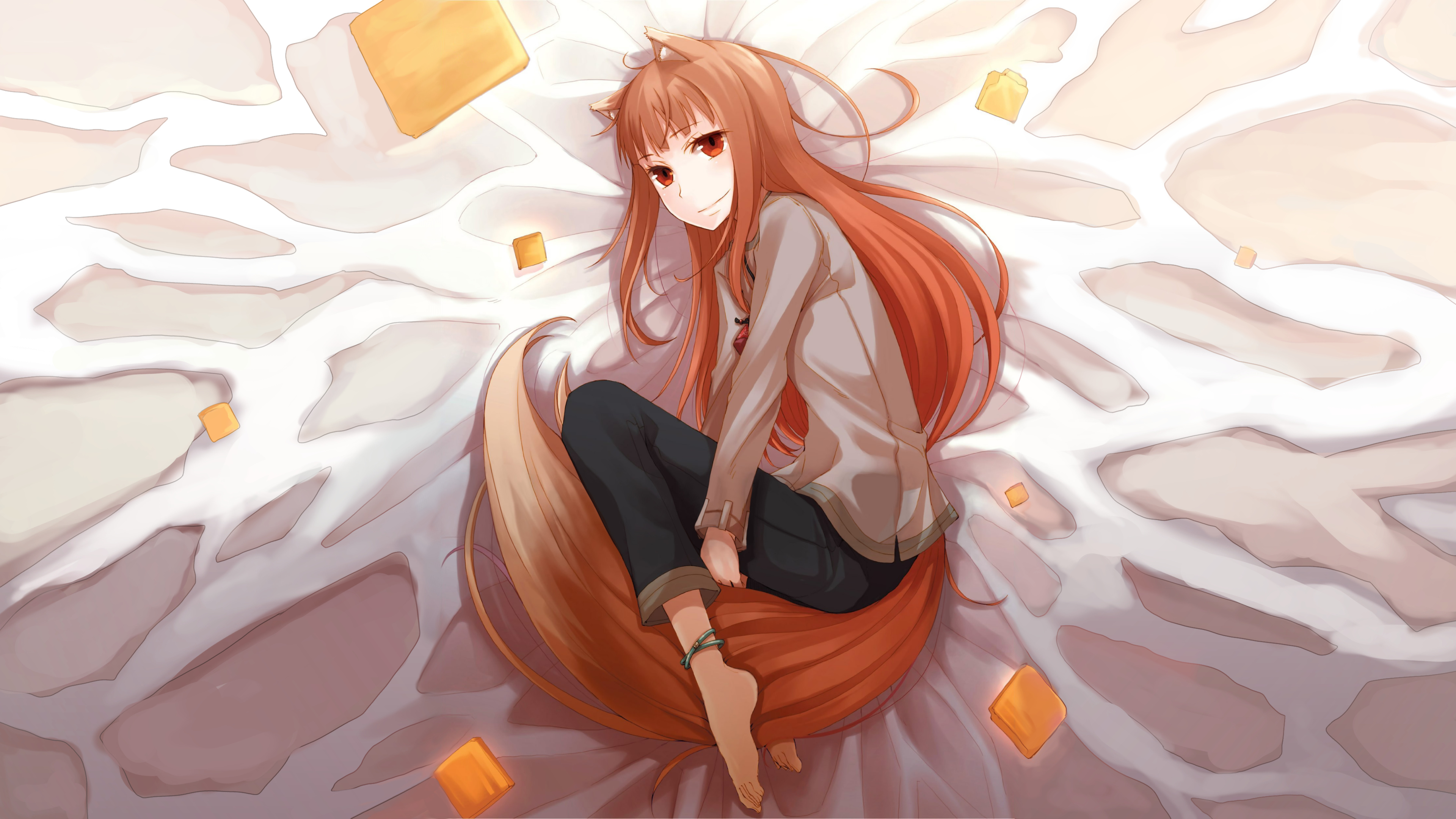 Spice and Wolf (Anime): Cartoon, The deuteragonist, Lives in the wheat. 3840x2160 4K Background.