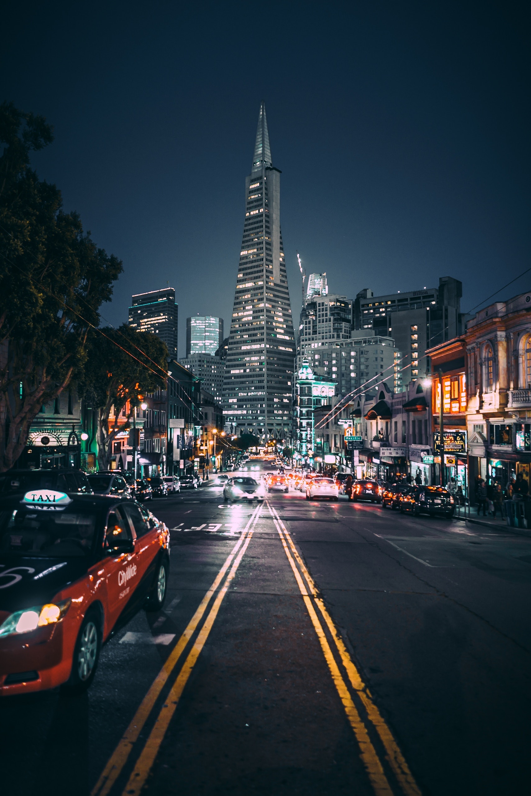 San Francisco: USA, Night city, City lights, United States, Transamerica Pyramid. 1710x2560 HD Wallpaper.