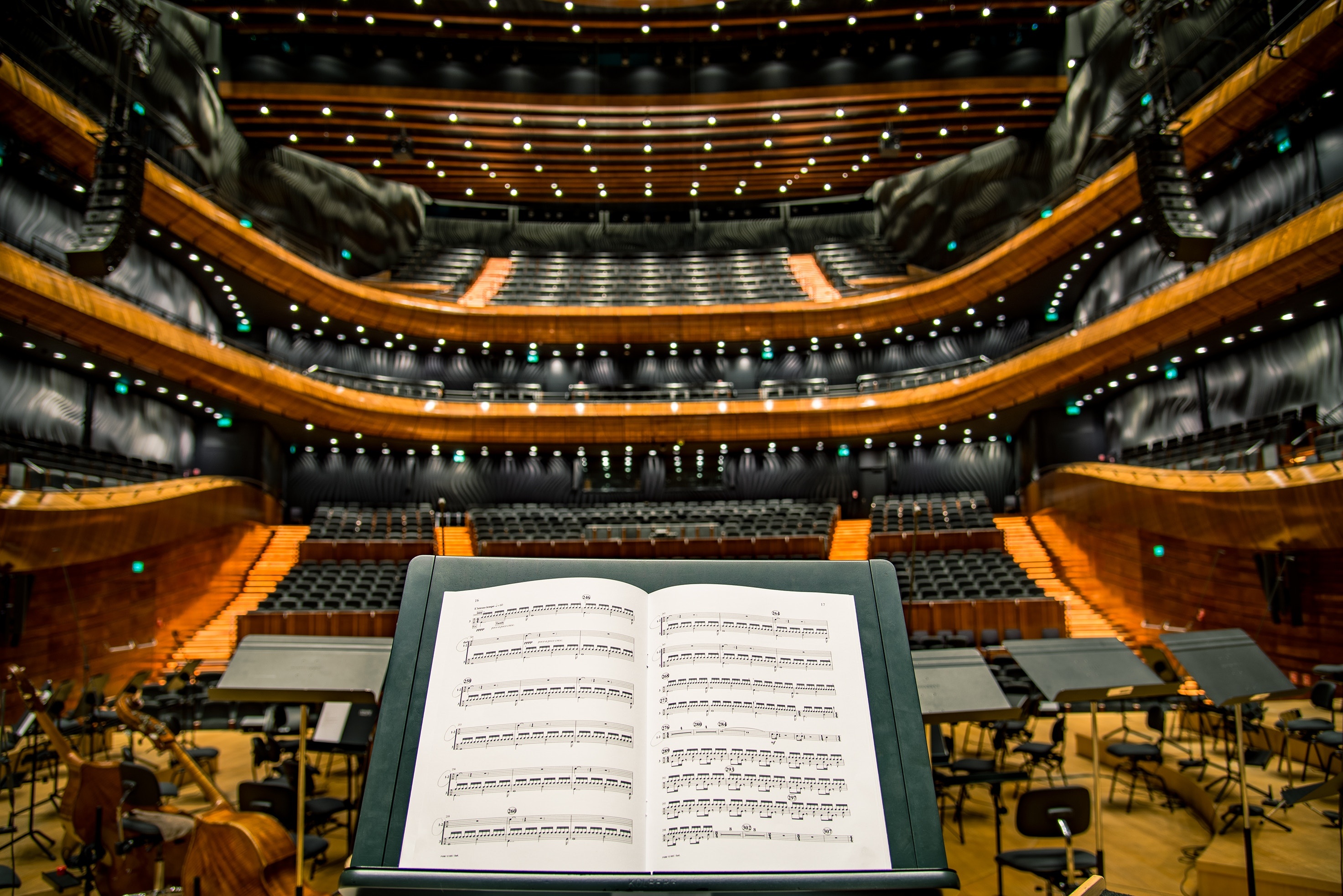 Orchestra: Music stand, Orchestra symphony hall, Balcony levels, Stage performance. 2950x1970 HD Wallpaper.