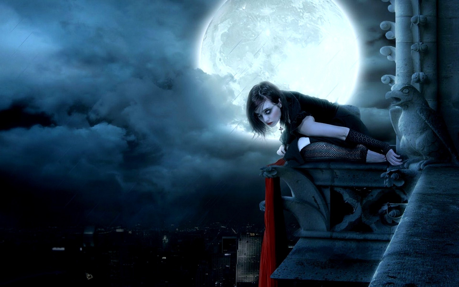 Gothic Art: Full moon, Dark landscape, Moon in clouds, Midnight, Atmospheric, Vampire girl. 1920x1200 HD Wallpaper.