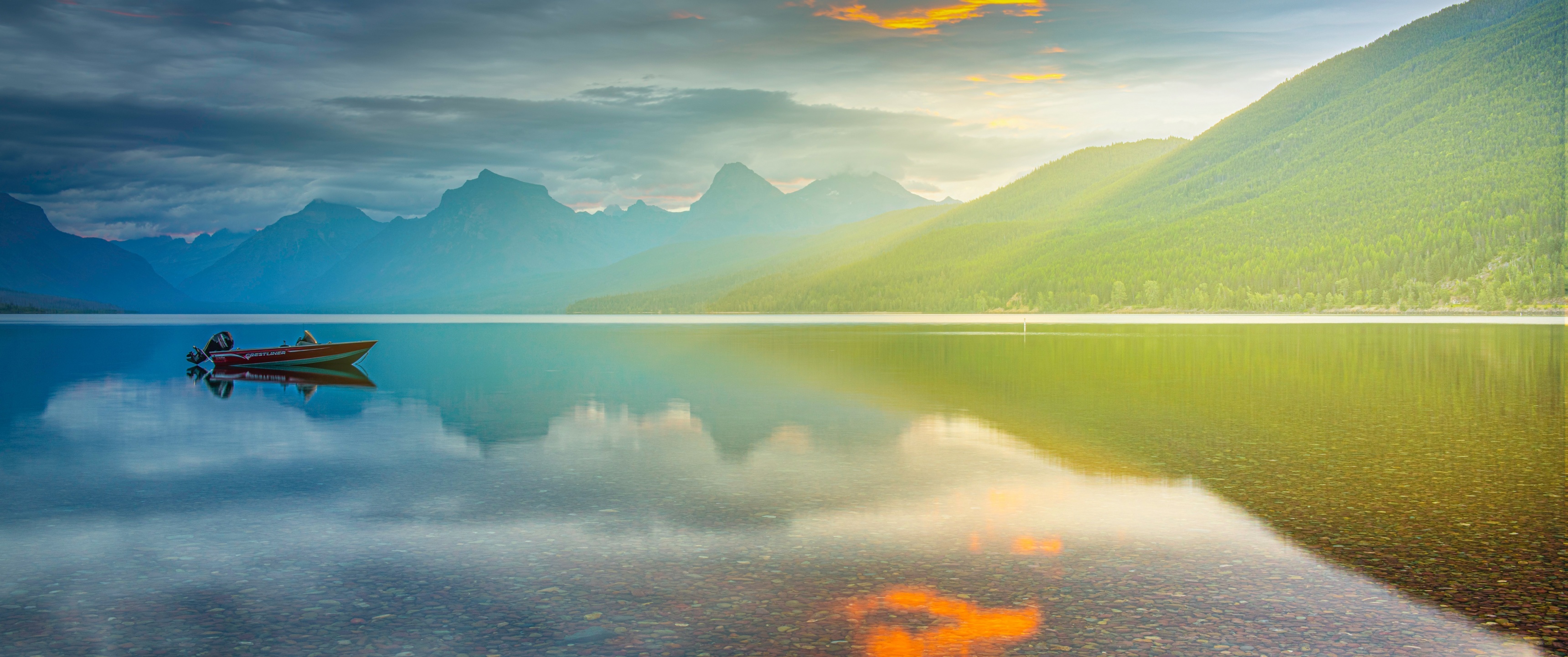 Lake McDonald wallpaper, 4K Glacier National Park Montana, Sunrise nature, 3440x1440 Dual Screen Desktop