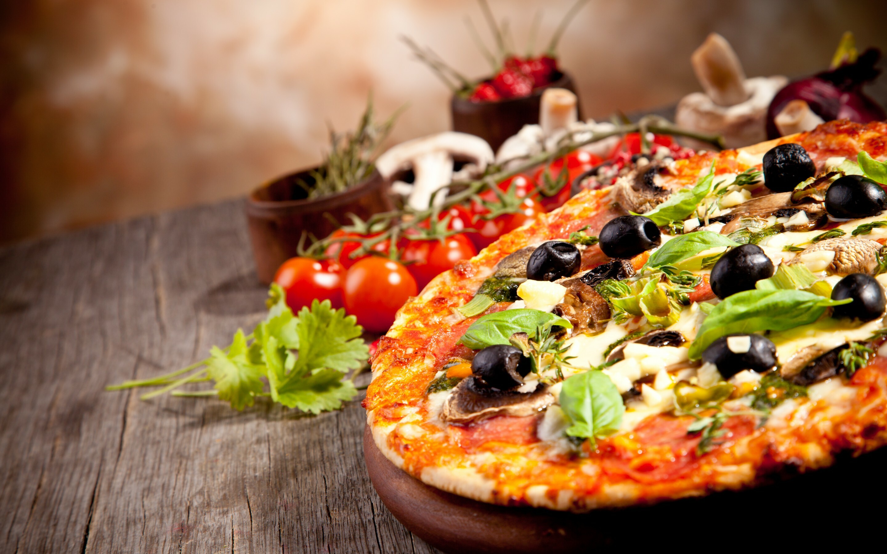 Pizza: A baked Italian dish consisting of flattened bread dough, Pizzeria. 2880x1800 HD Wallpaper.