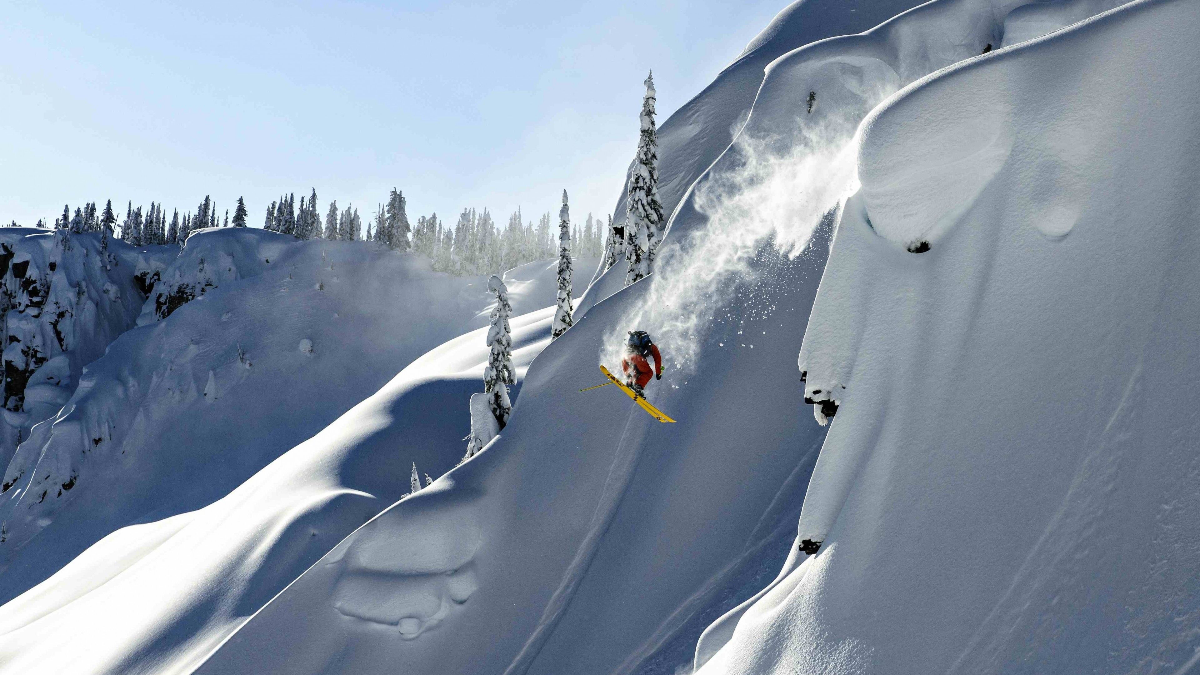 Skiing: Heliskiing, Extreme sports, Downhill, Mountain, Winter activity. 3840x2160 4K Background.