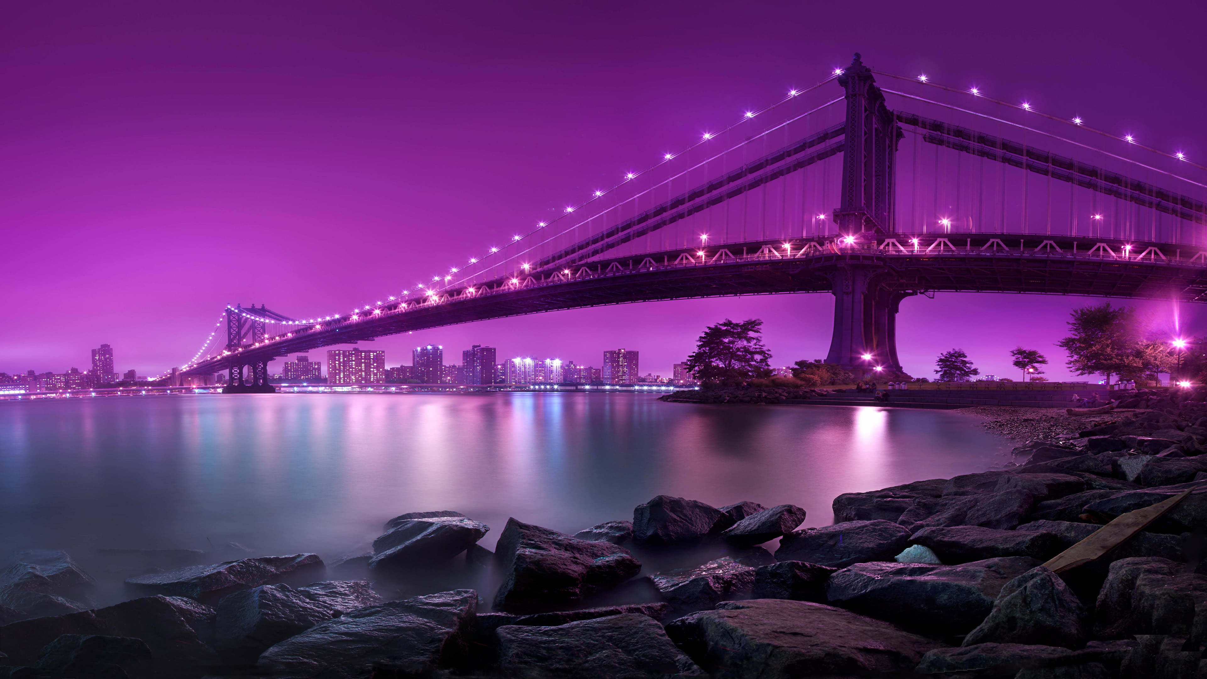New York at Night, Manhattan bridge, United States, UHD wallpaper, 3840x2160 4K Desktop