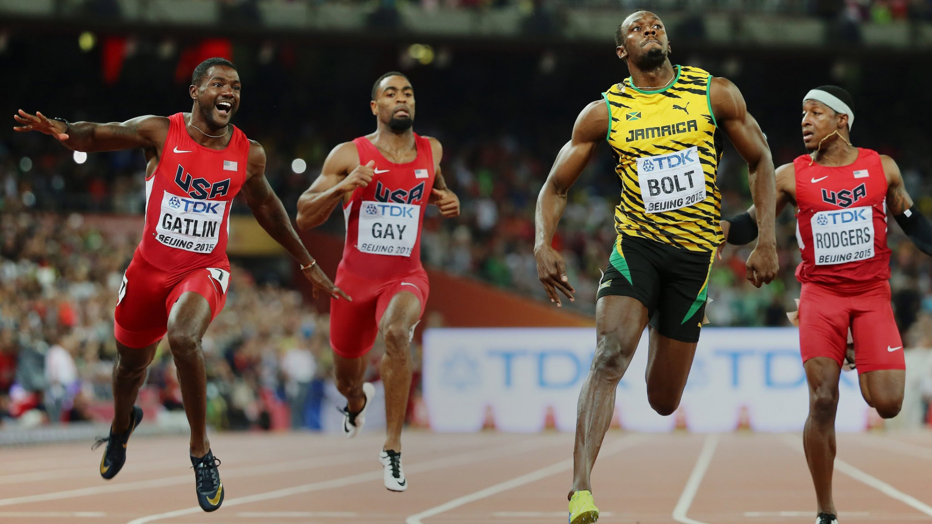 Justin Gatlin, Usain Bolt, 100m final, Beijing World, 1920x1080 Full HD Desktop