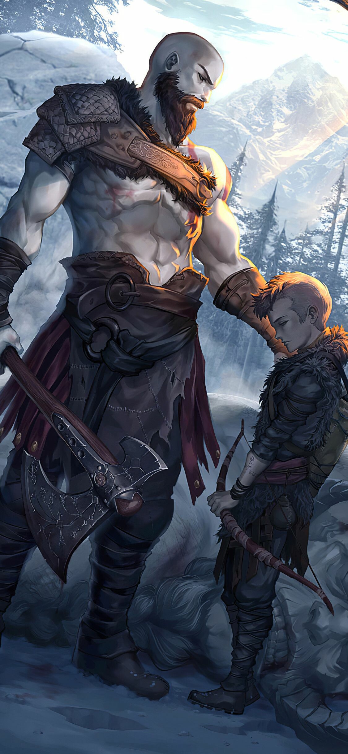 God of War: Kratos and Atreus, The young son that Kratos bore with the giant named Faye and has the ability to telepathically hear the thoughts of other beings. 1130x2440 HD Background.