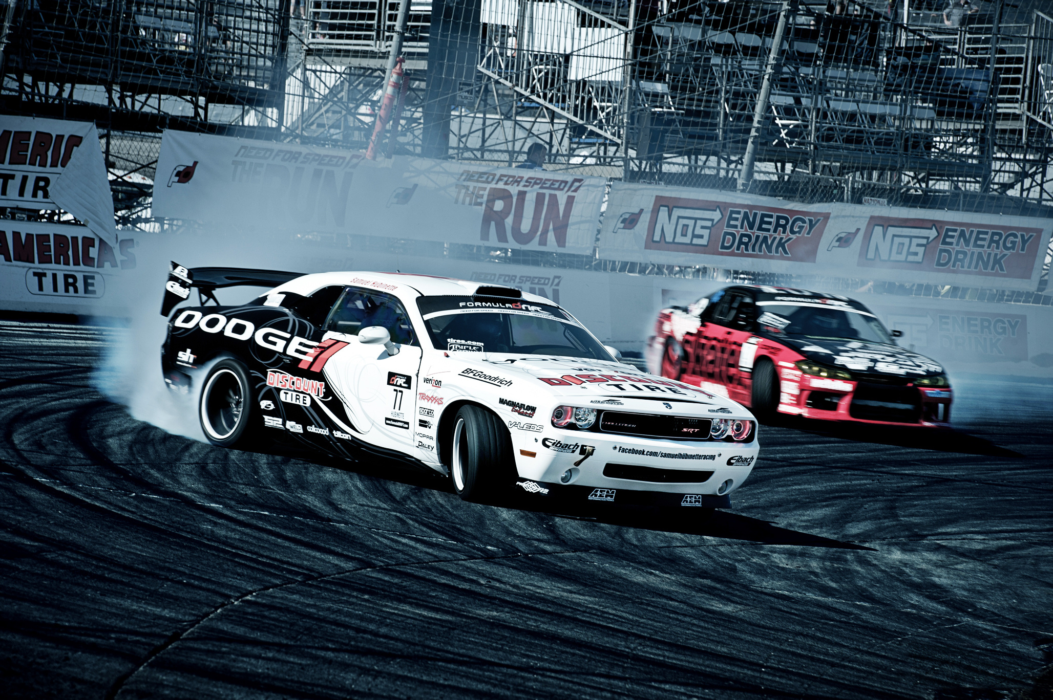 Drifting: Dodge Challenger SRT, Discount Tires, Formula Drift championship. 2060x1370 HD Background.