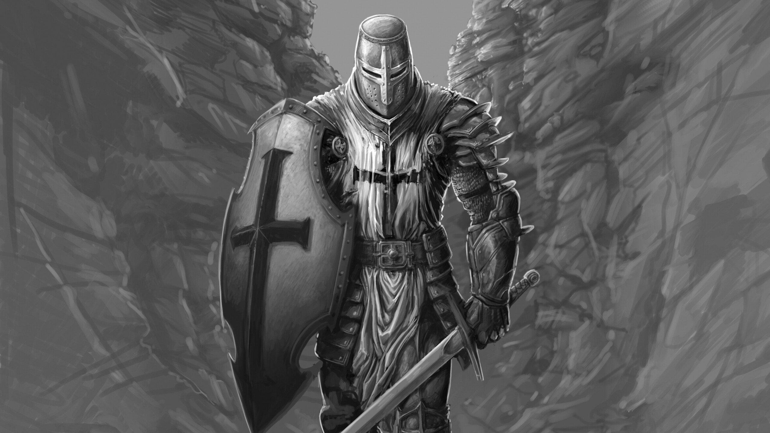 Knight: Fantasy, Art, Cavalryman, Monochrome. 2560x1440 HD Background.