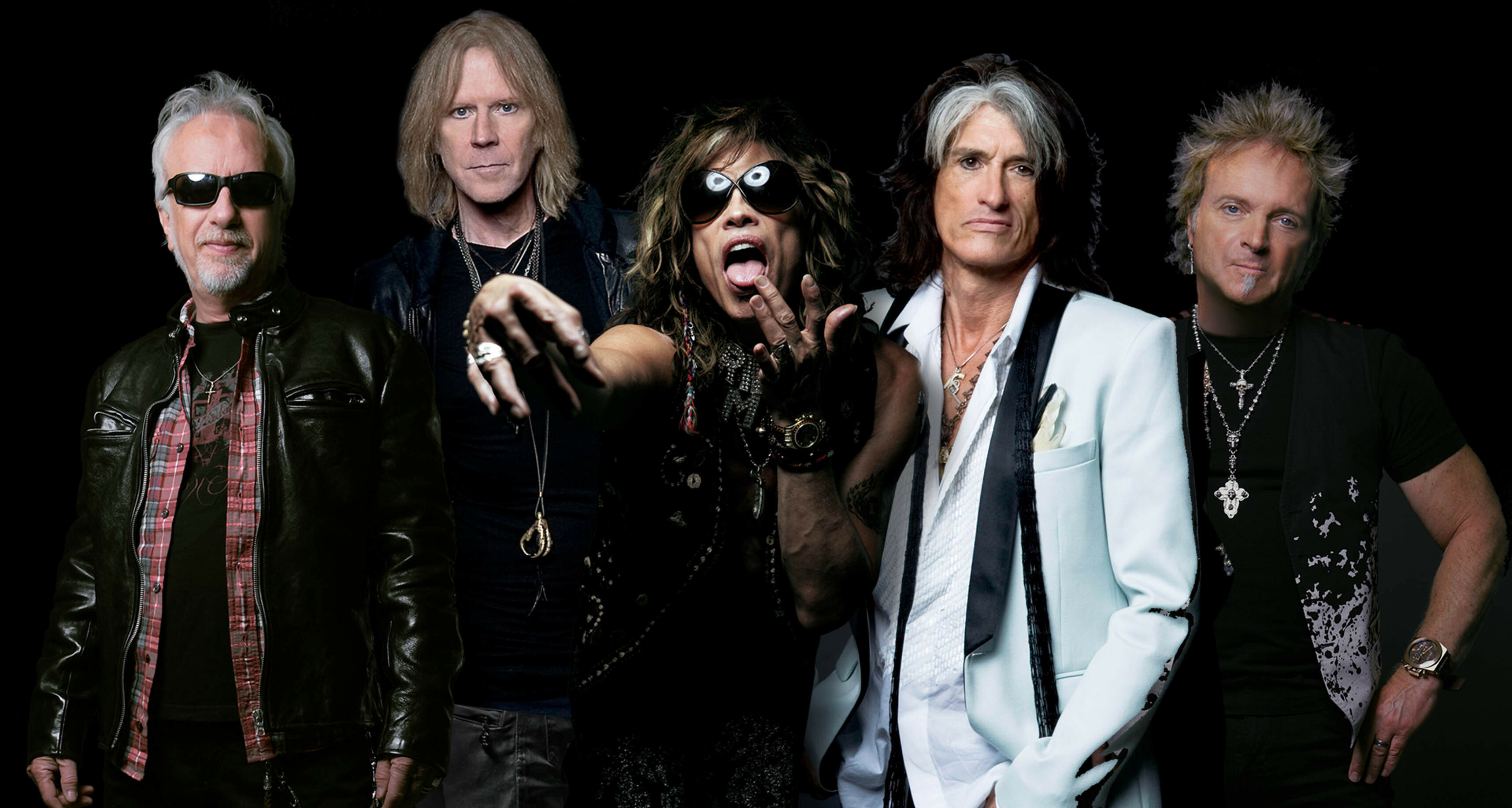 Aerosmith: Steven Tyler, Joe Perry, Tom Hamilton, Joey Kramer, and Brad Whitford. 3440x1840 HD Background.