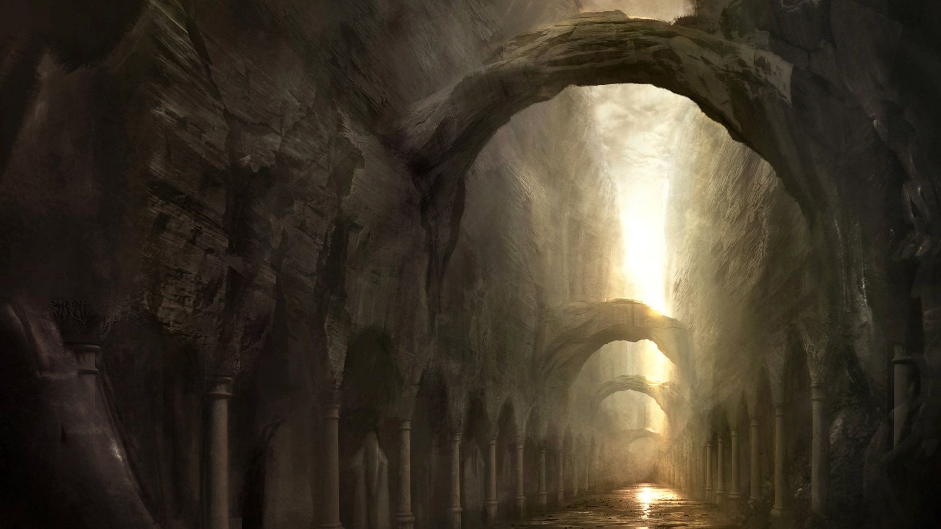 Gothic Art: Dark catacombs, Underworld, Columns, Gothic alley, Path, Stone arches. 1920x1080 Full HD Wallpaper.