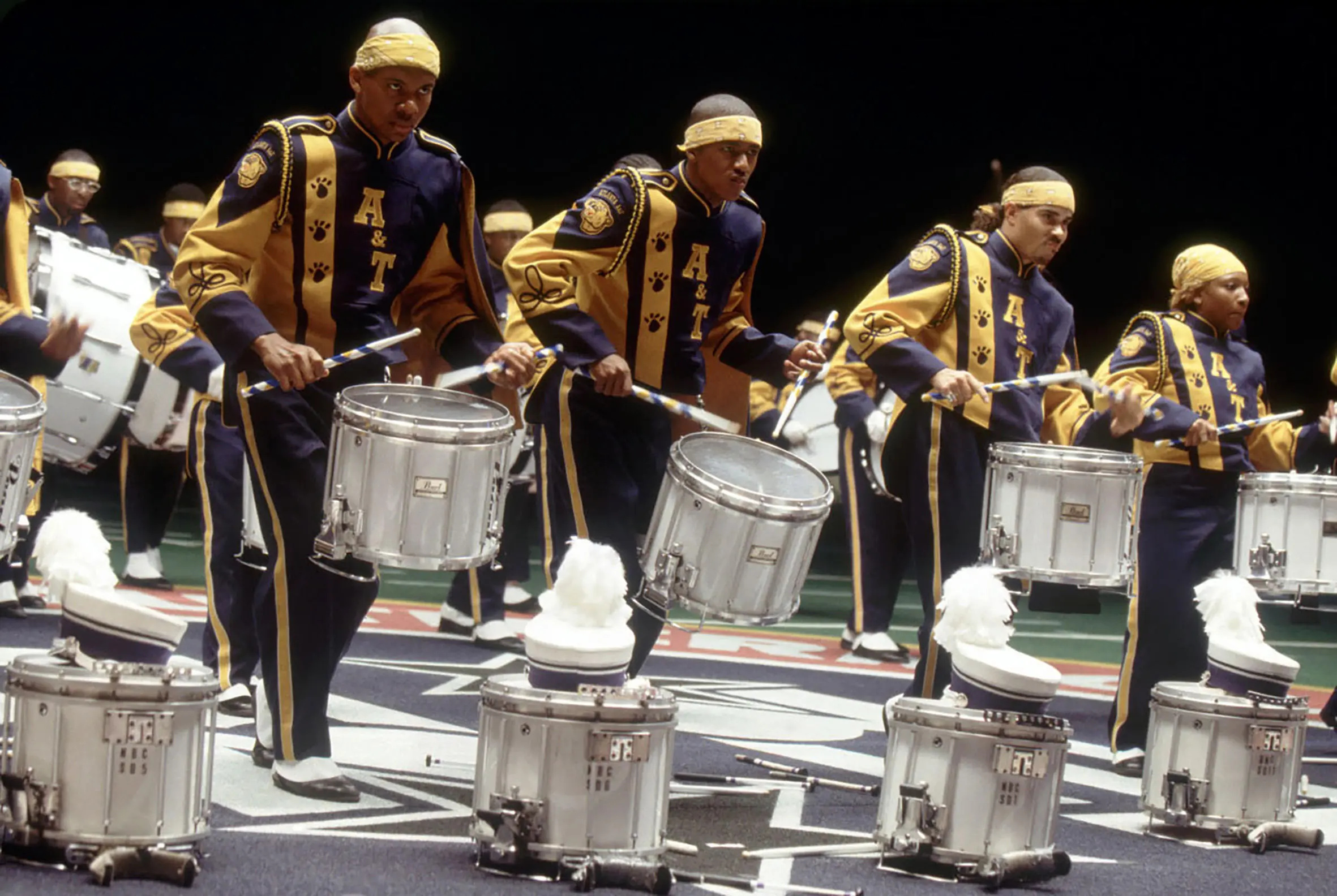 Marching Band: Drumline, Movie 2002, Atlanta AT University, An orchestra that marches and plays music, Halftime, Drums. 2370x1590 HD Background.